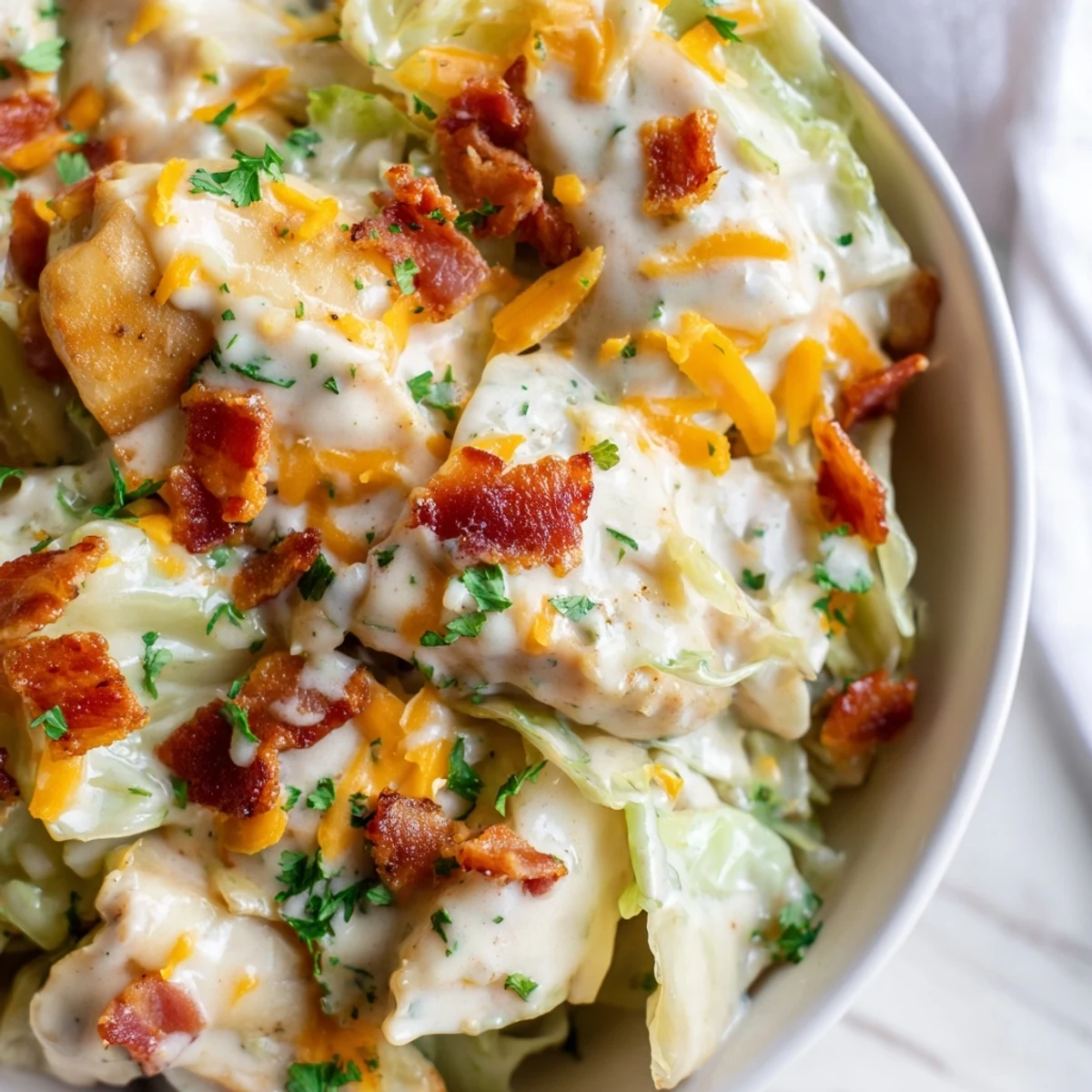 Tender chicken and crispy bacon tossed with cabbage in creamy chicken bacon ranch cabbage bowls sauce