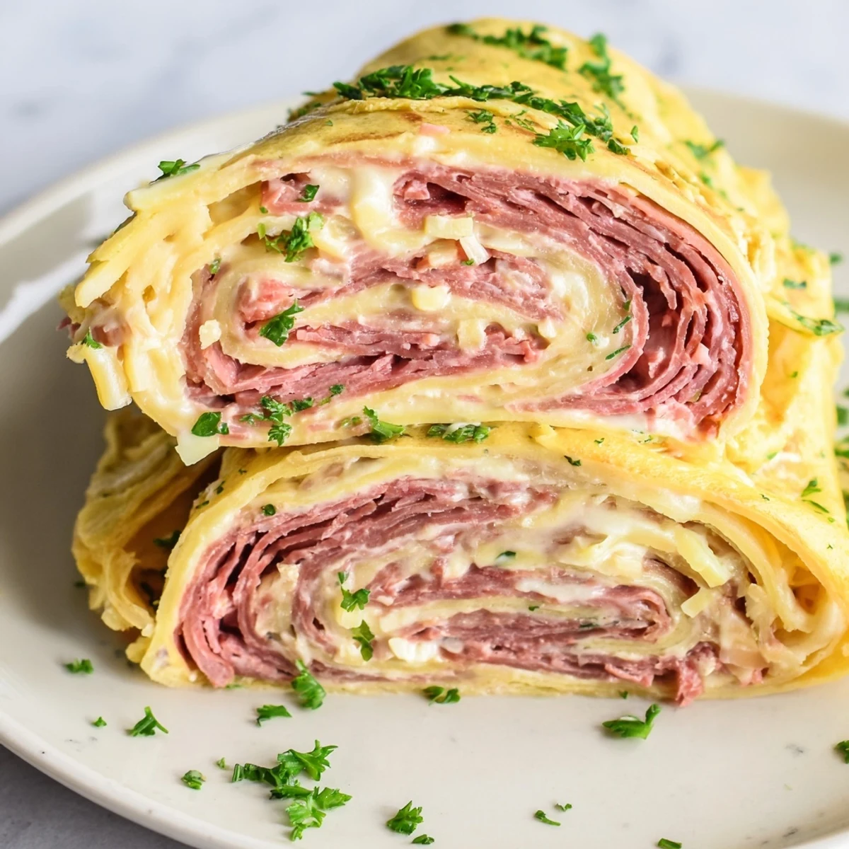 Golden Low Carb Reuben Egg Roll Ups filled with corned beef and melted Swiss cheese on a white plate
