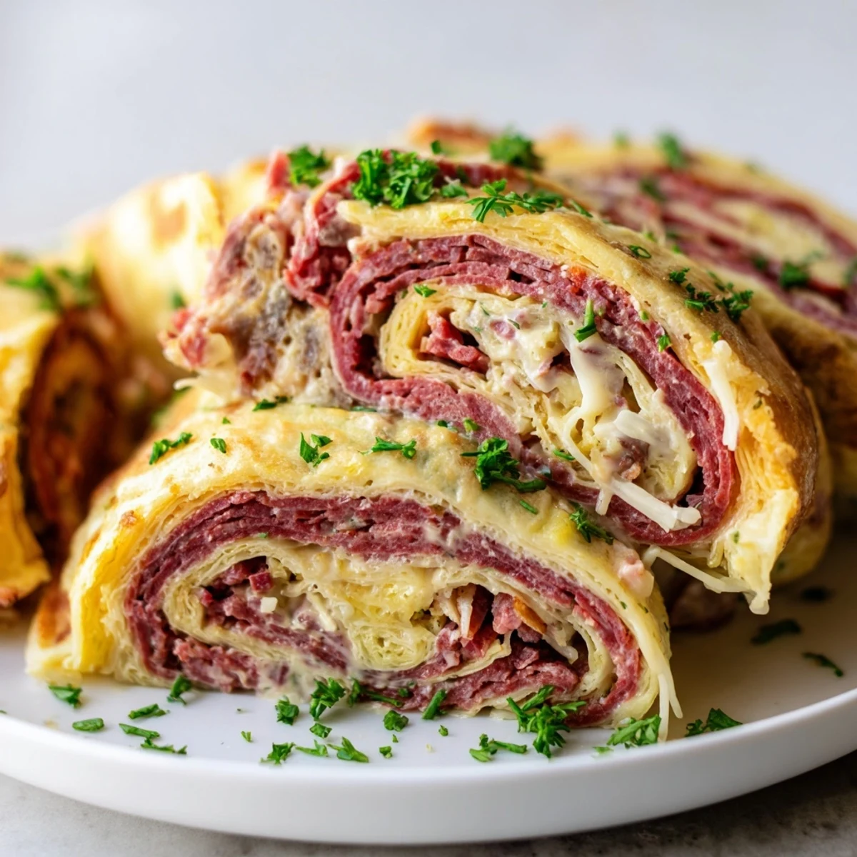 Tender egg wraps stuffed with sauerkraut and tangy dressing in these easy Low Carb Reuben Egg Roll Ups