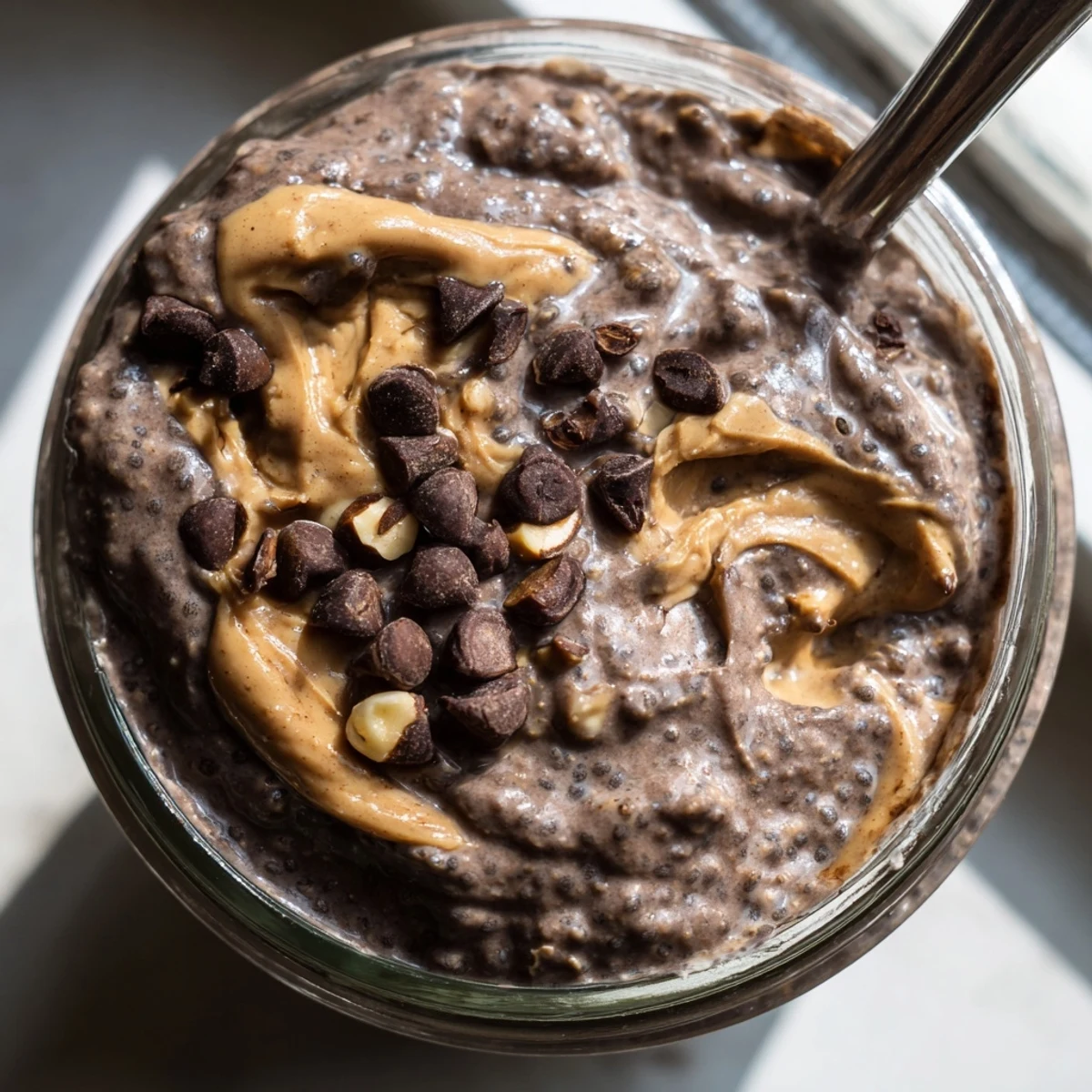 Creamy chocolate peanut butter overnight oats in a mason jar topped with chocolate chips and peanuts