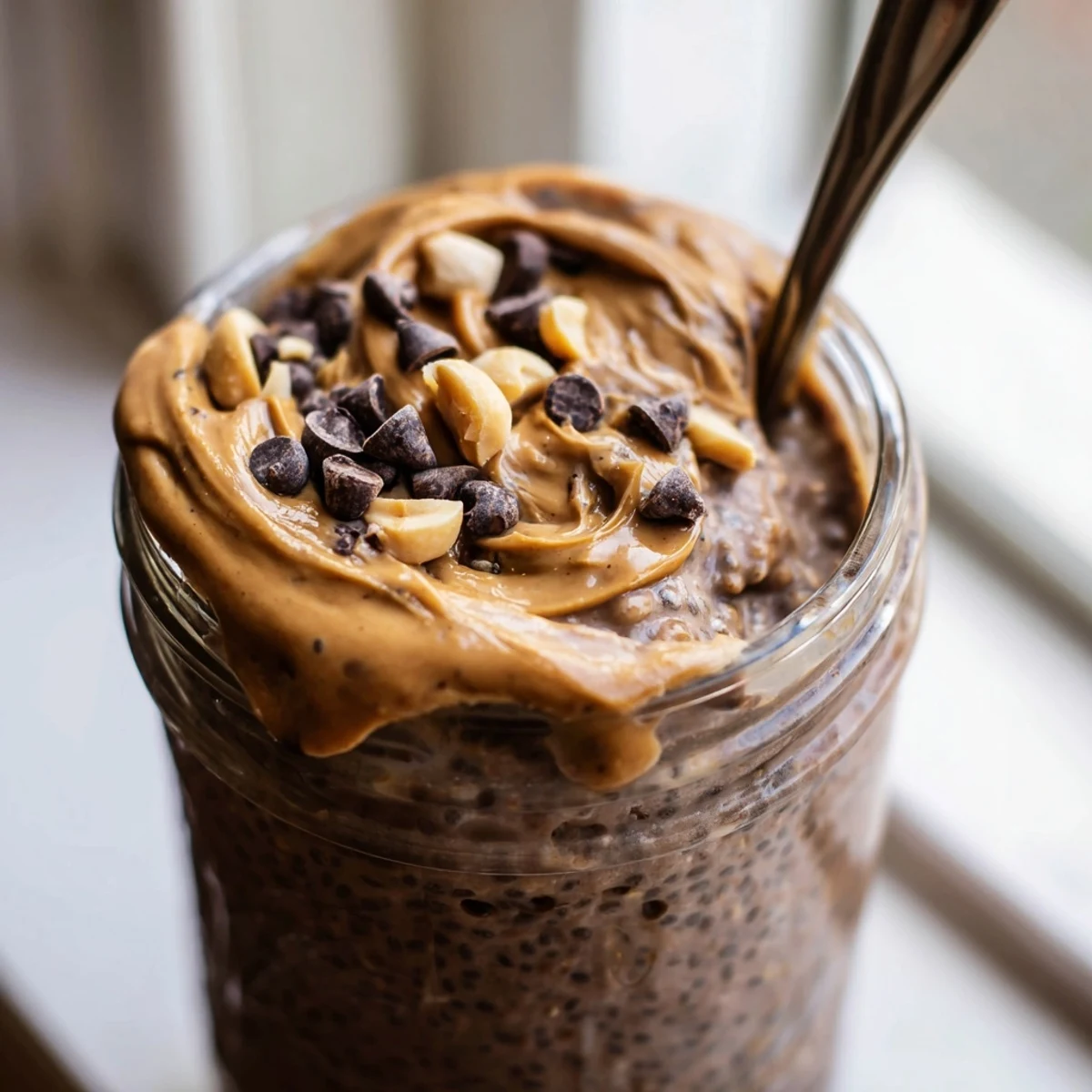 Thick chocolate peanut butter overnight oats served cold with sliced bananas and crunchy roasted peanuts