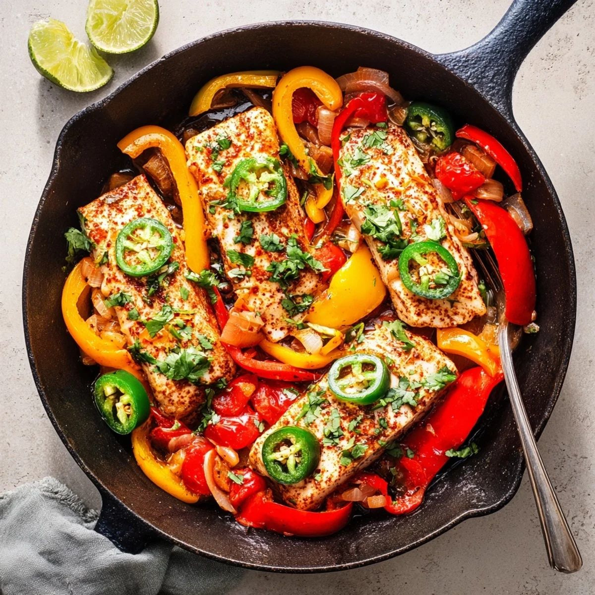 Golden tilapia fillets nestled in a vibrant spicy roasted pepper skillet with tomatoes and cilantro