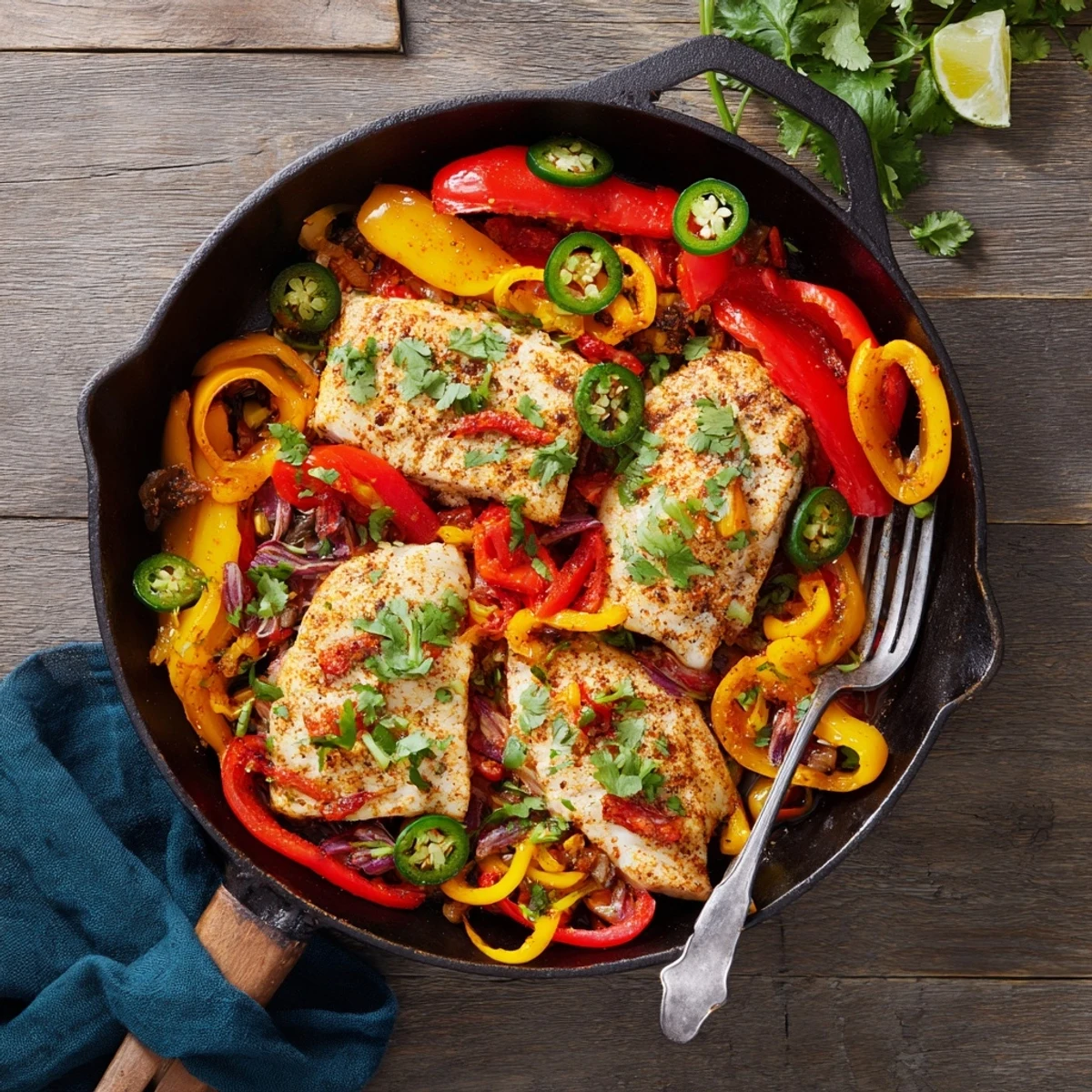 Spicy roasted pepper tilapia skillet garnished with fresh cilantro and lime juice ready to serve