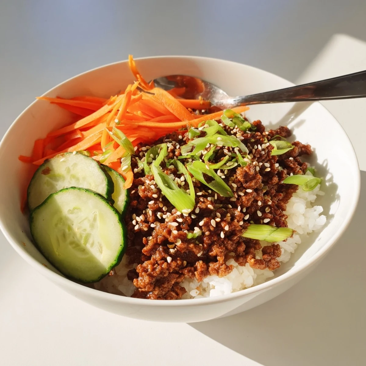 Savory Korean beef bowls topped with sesame seeds, scallions, and colorful julienned carrots