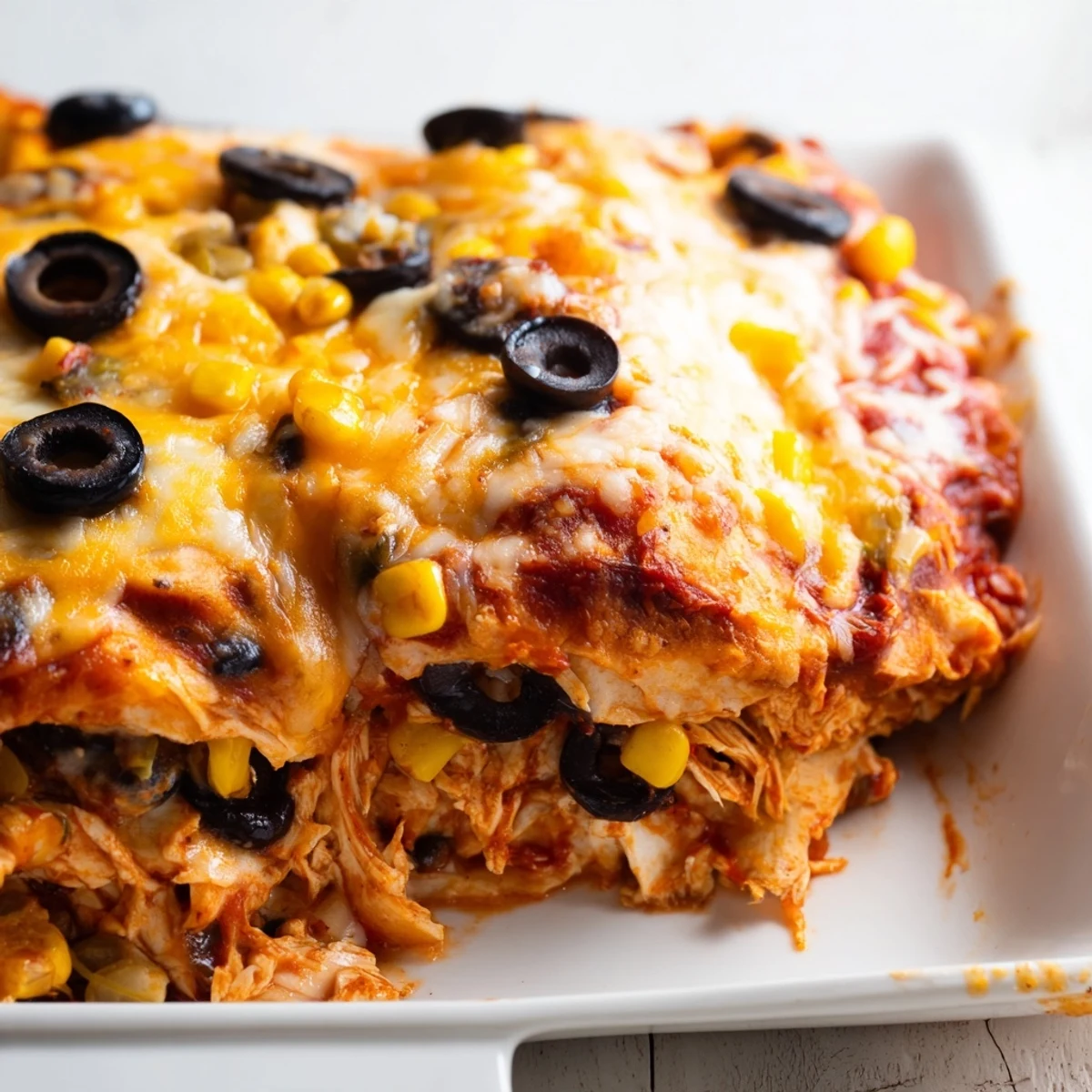 Golden bubbly cheese tops this cheesy shredded chicken enchilada bake fresh from the oven