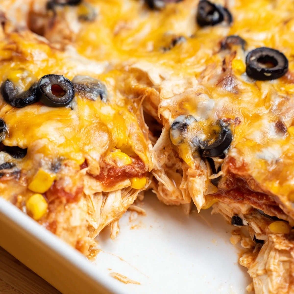 Layered corn tortillas and tender chicken fill this cheesy shredded chicken enchilada bake casserole