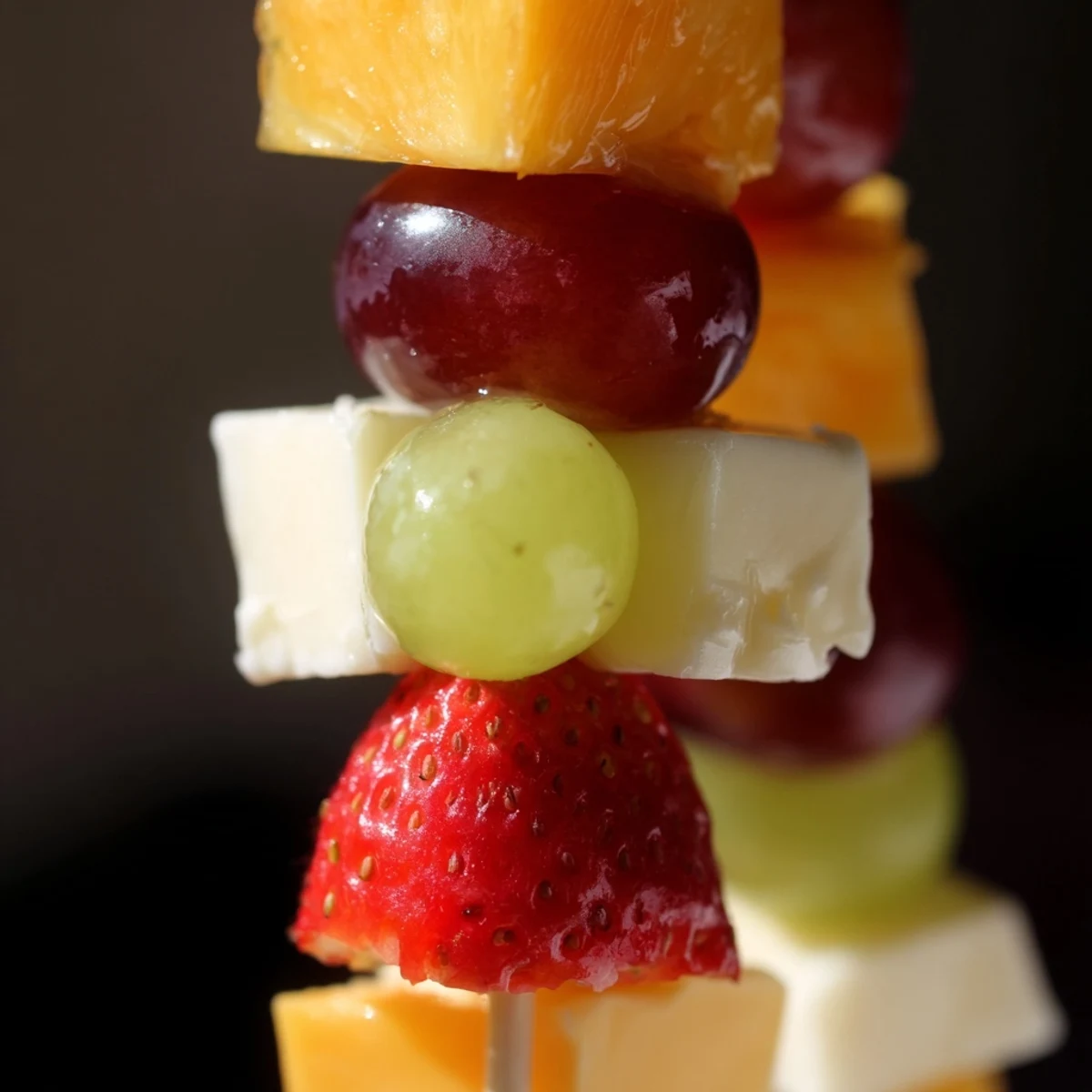 Colorful fruit and cheese kabobs arranged on platter with grapes strawberries pineapple and cheddar cubes