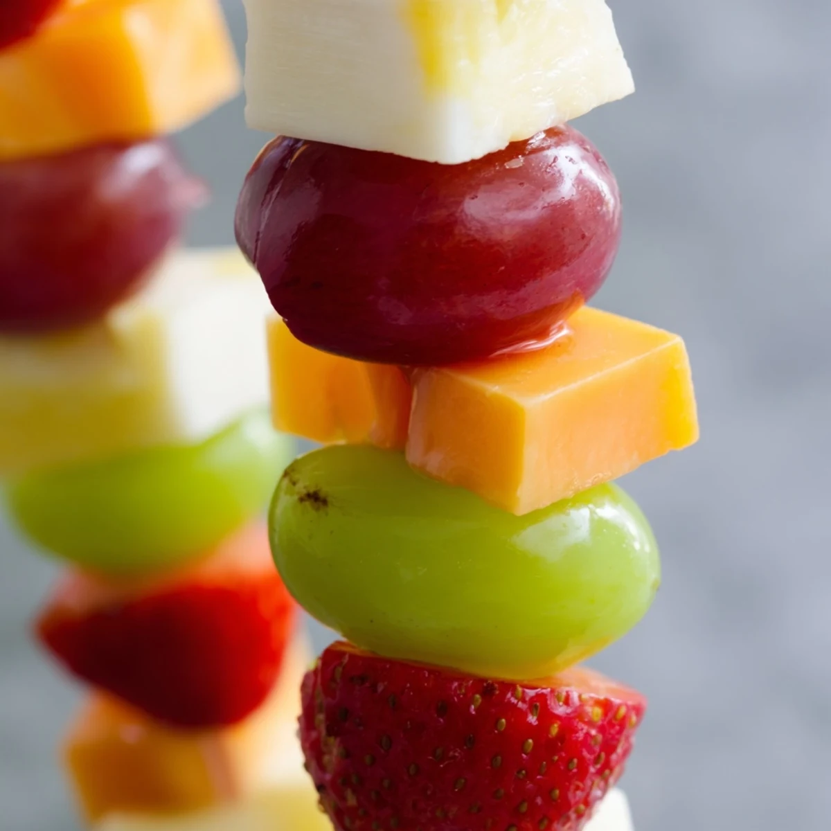 Fresh fruit and cheese kabobs featuring alternating red grapes pineapple chunks and creamy Monterey Jack