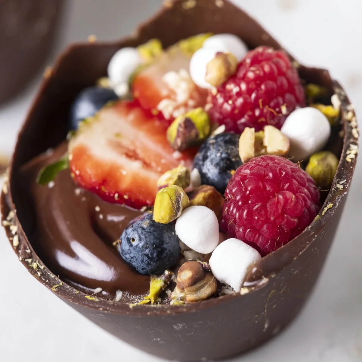 Elegant chocolate grazing cups filled with creamy mousse and topped with fresh berries