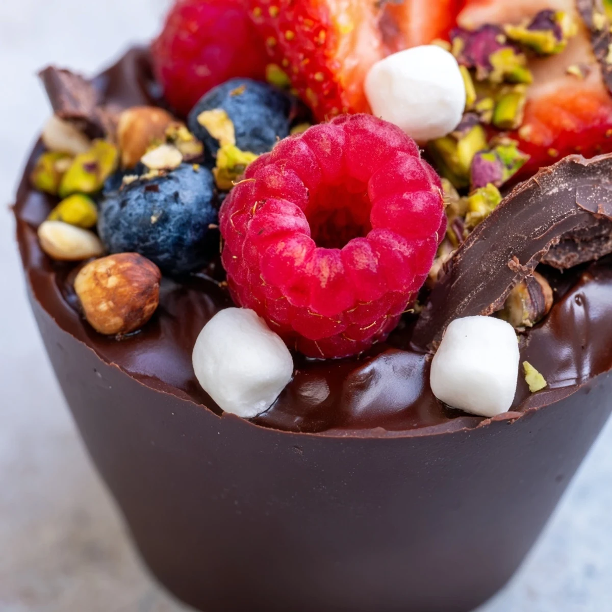 Rich chocolate grazing cups with fluffy mousse, jewel-toned berries, and crunchy nut garnishes
