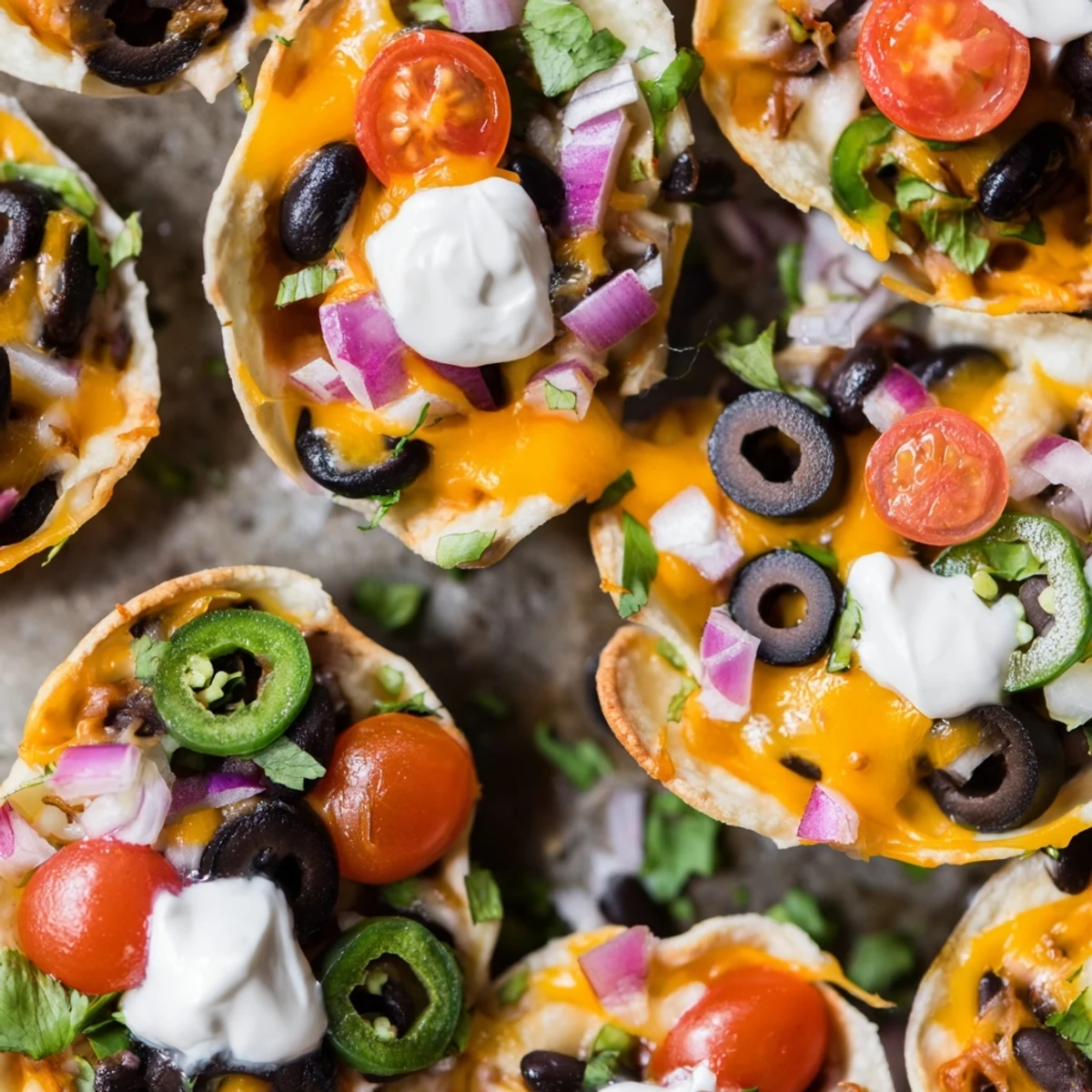 Mini tortilla cups overflowing with gooey melted cheddar, black beans, and fresh garnishes