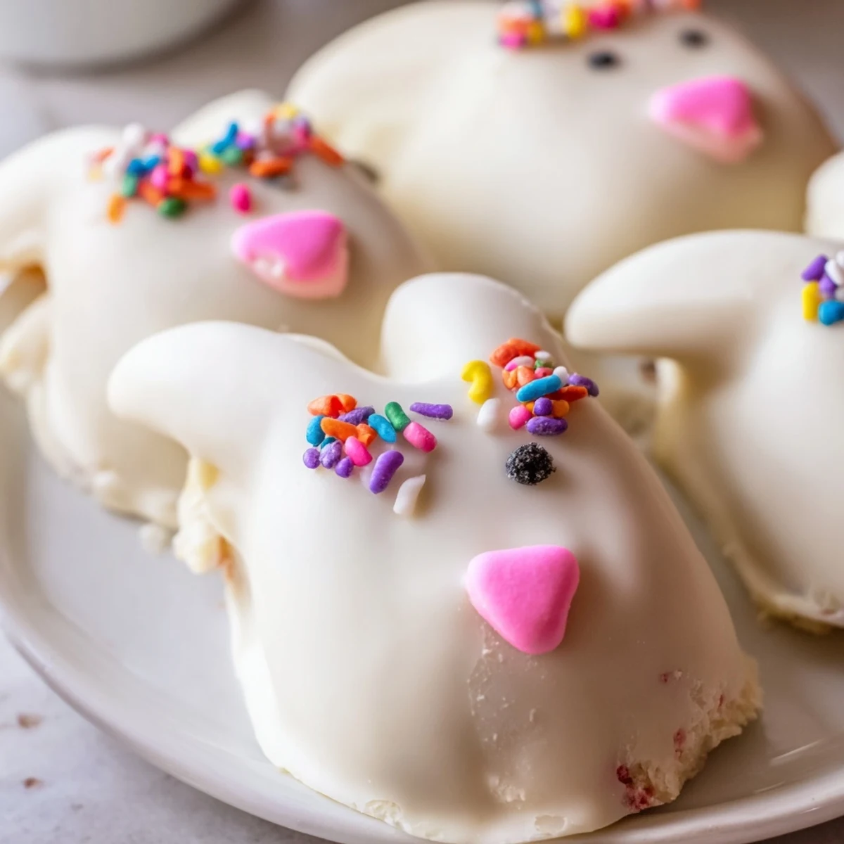 Adorable white chocolate bunny cakesicles with candy eyes and pink ears on sticks