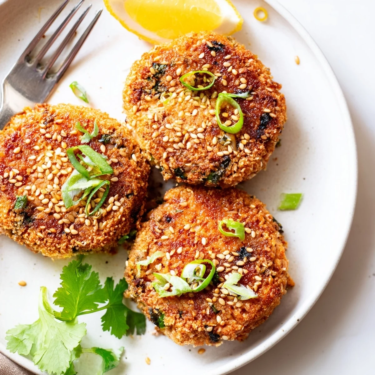 Crispy golden Harissa Sesame Salmon Patties sizzling in a cast iron skillet