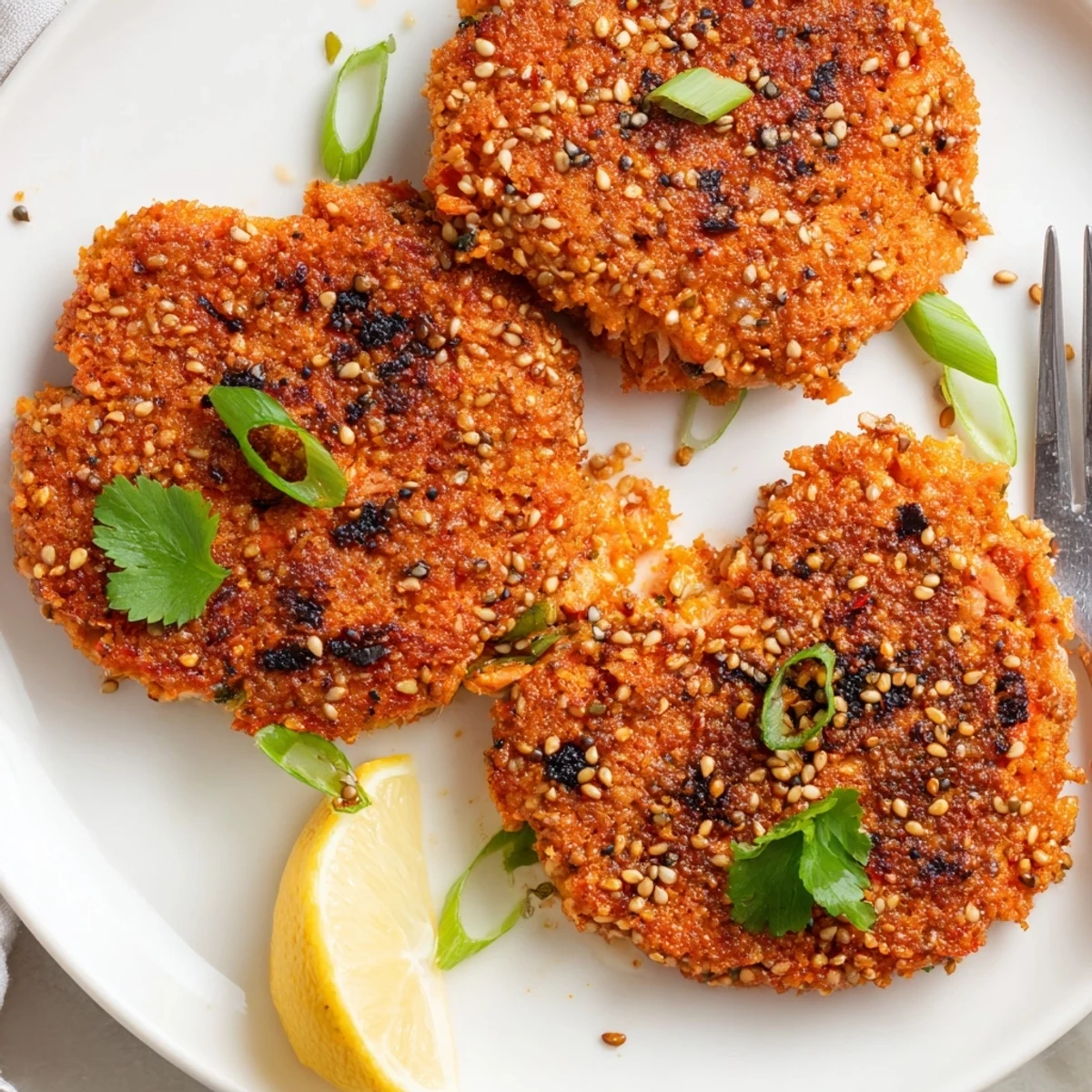 Close-up of Harissa Sesame Salmon Patties with a nutty sesame crust on a rustic plate