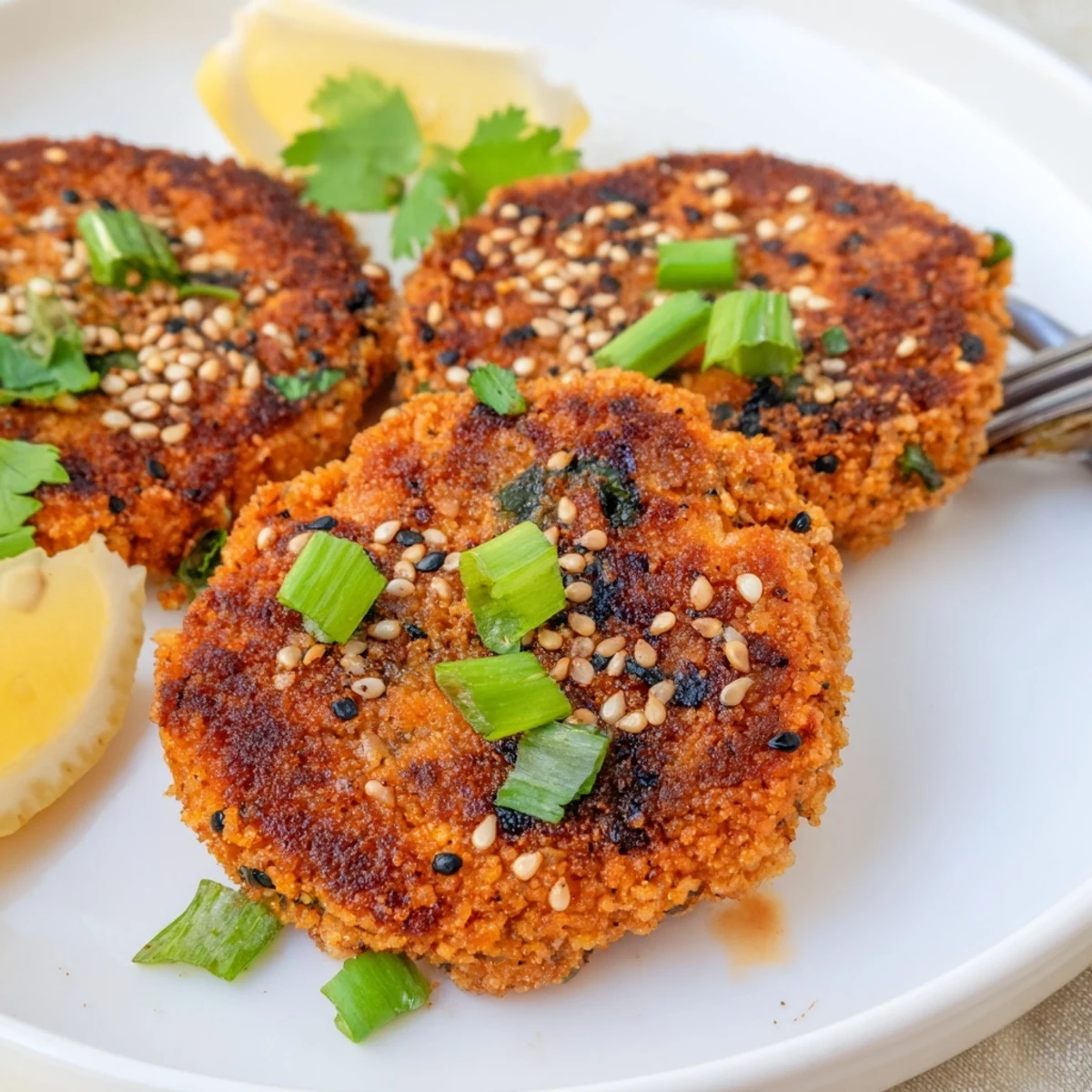 Harissa Sesame Salmon Patties garnished with fresh cilantro and bright lemon wedges