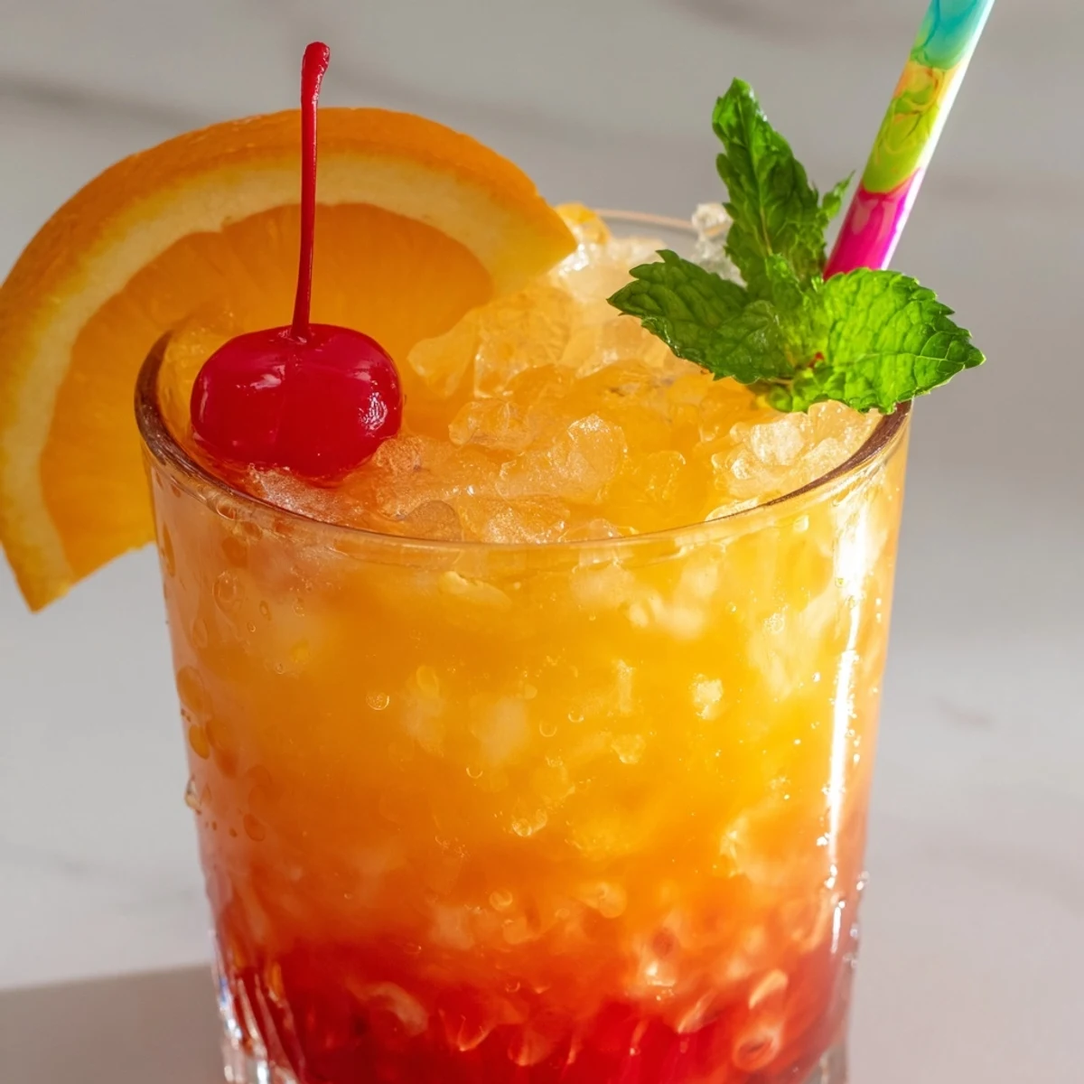 A non alcoholic Mai Tai in a crushed ice glass with cherry and orange garnish