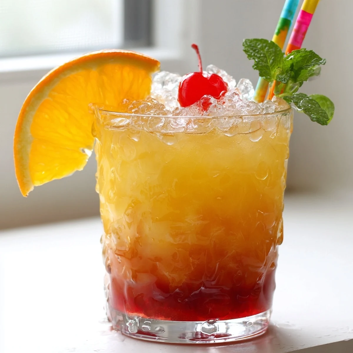 Layered non alcoholic Mai Tai mocktail with grenadine drizzle and fresh mint sprigs
