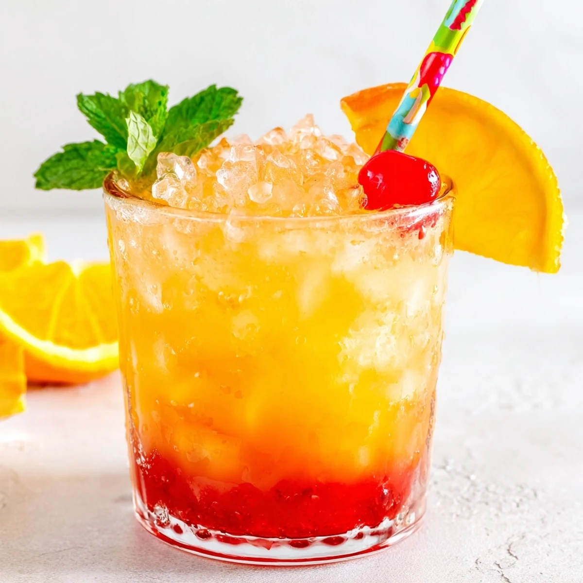 Tropical non alcoholic Mai Tai served in two tiki glasses with vibrant fruit garnishes