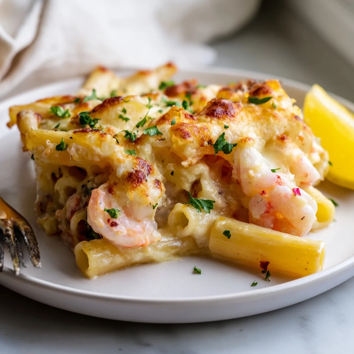 Golden bubbling shrimp scampi pasta bake with a crispy parmesan mozzarella crust