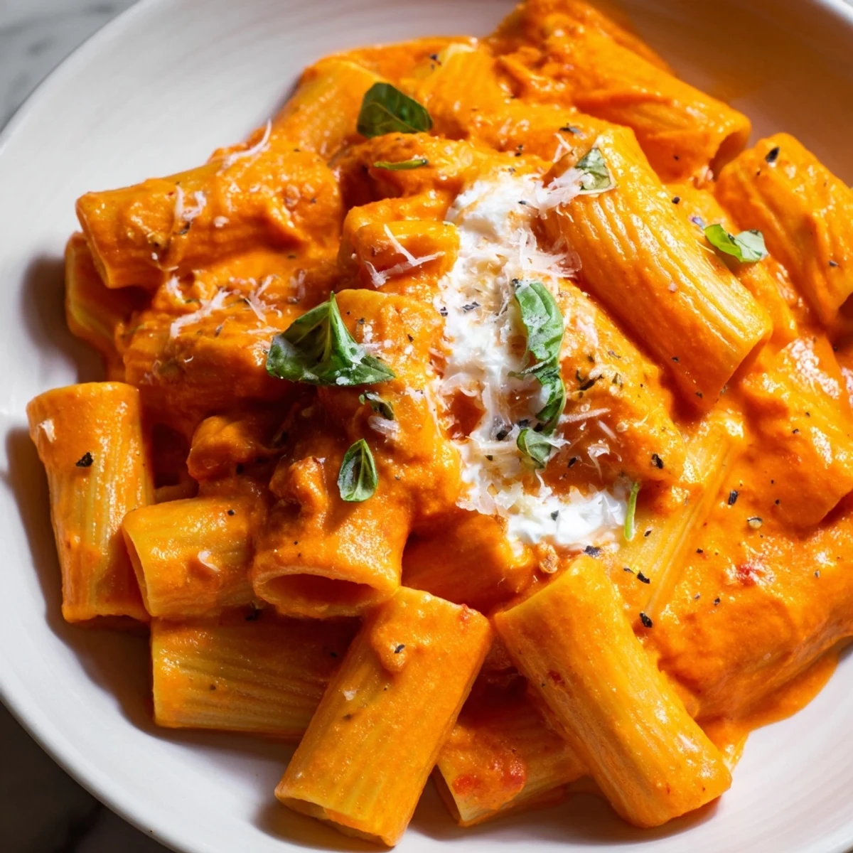 Creamy roasted red pepper pantry pasta topped with fresh basil and Parmesan cheese