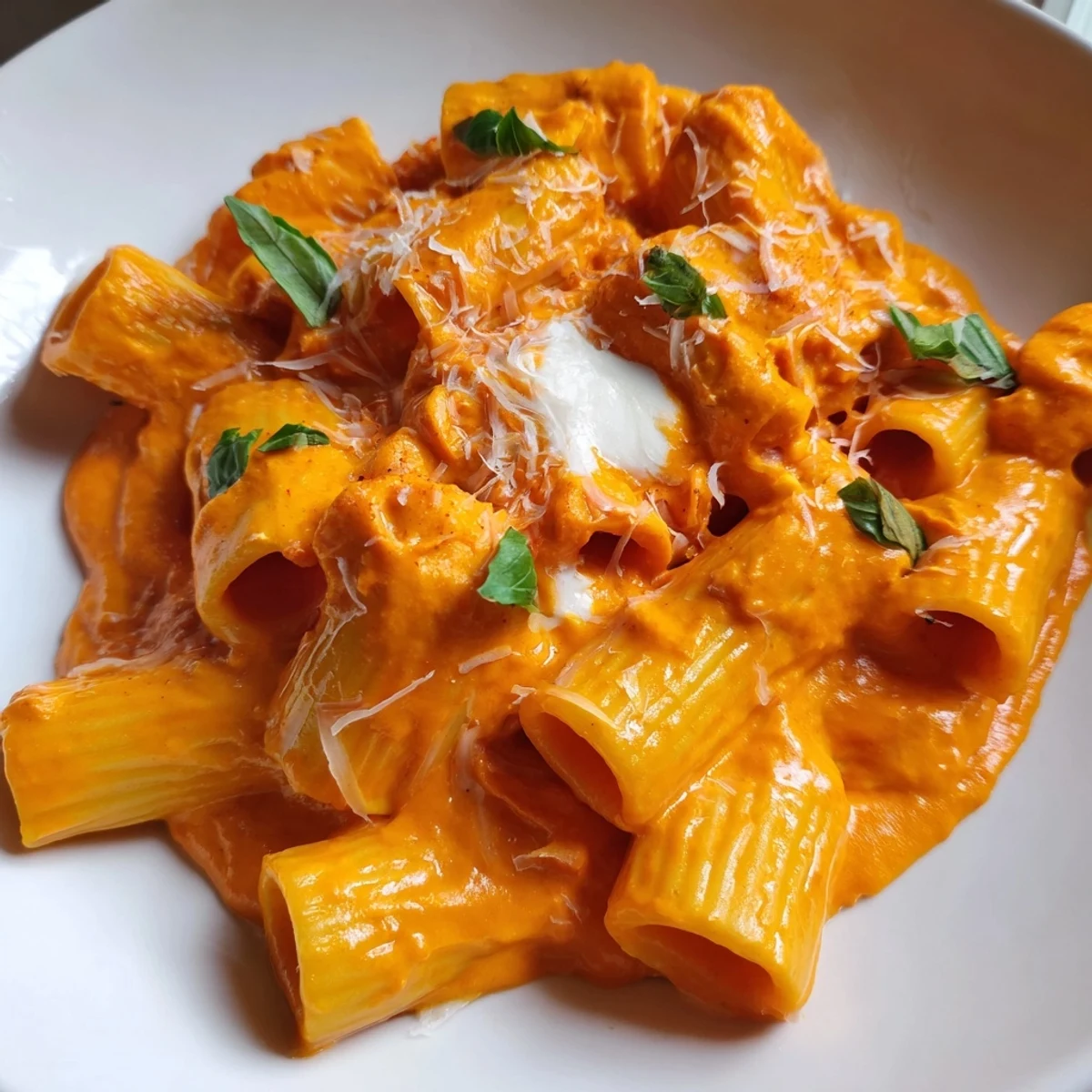 Vibrant roasted red pepper pantry pasta coated in a silky smoky tomato sauce