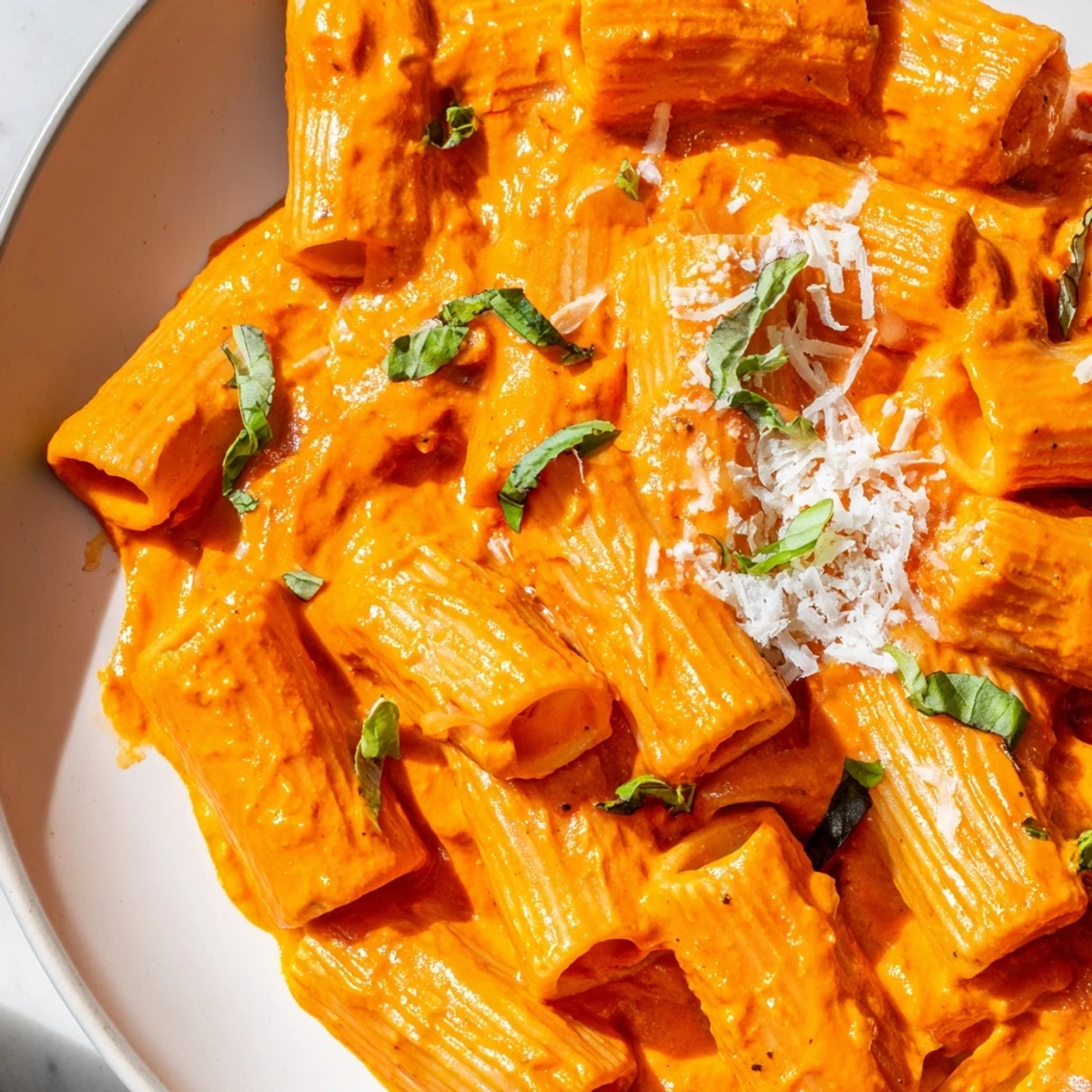 Steaming bowl of roasted red pepper pantry pasta garnished with parsley and extra cheese