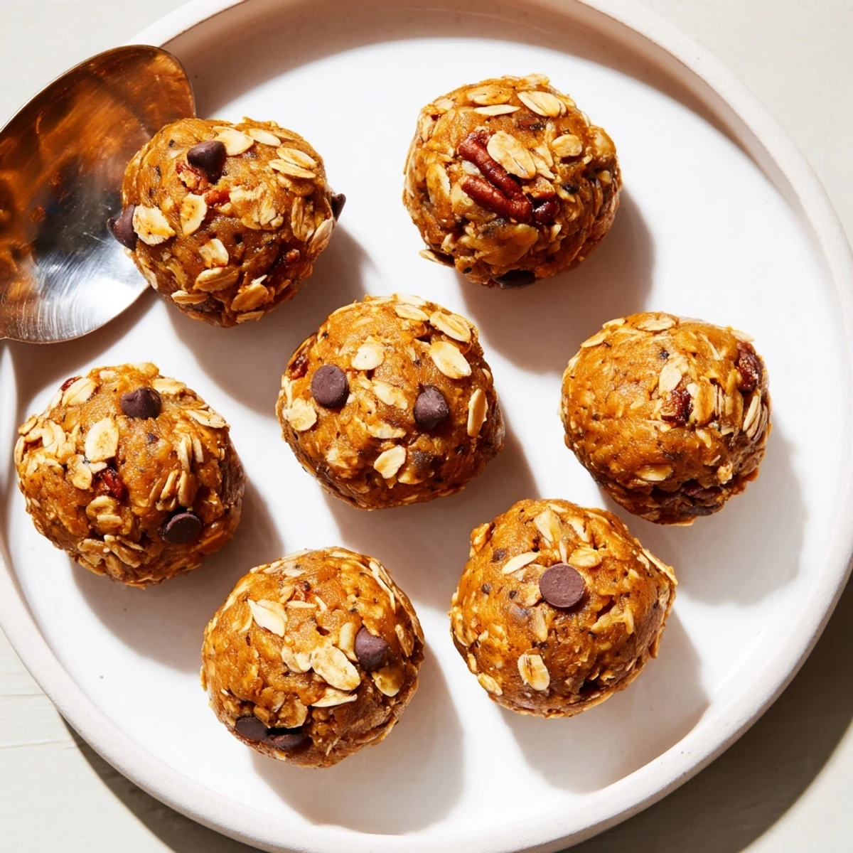 Golden No Bake Pumpkin Protein Balls coated in oats beside a maple drizzle