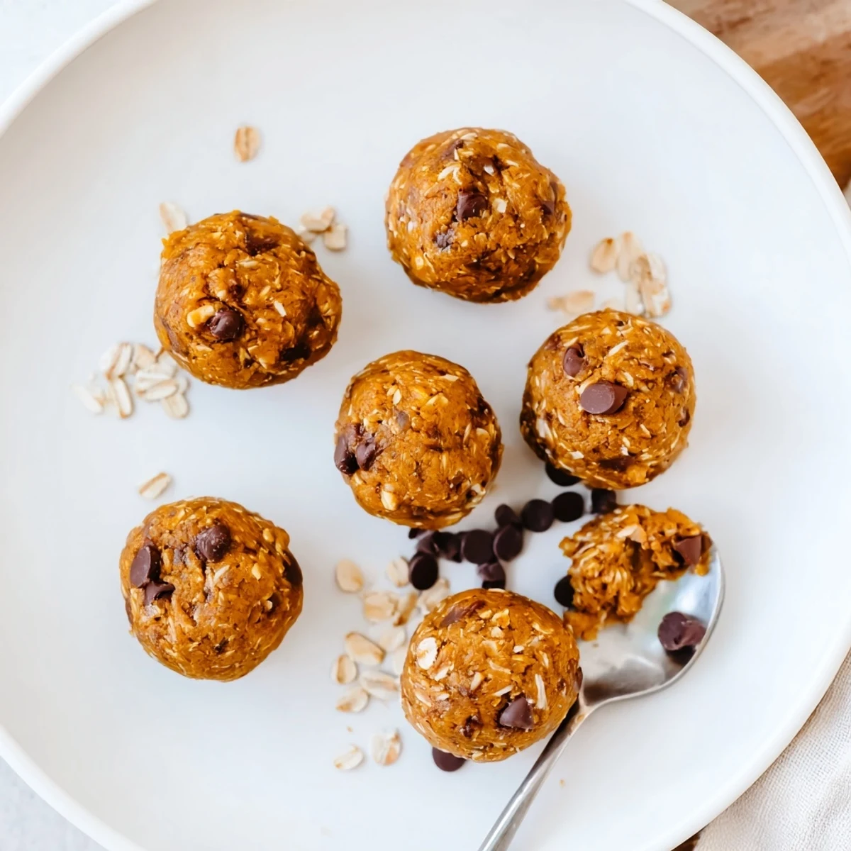 Festive No Bake Pumpkin Protein Balls stacked on a rustic wooden serving board