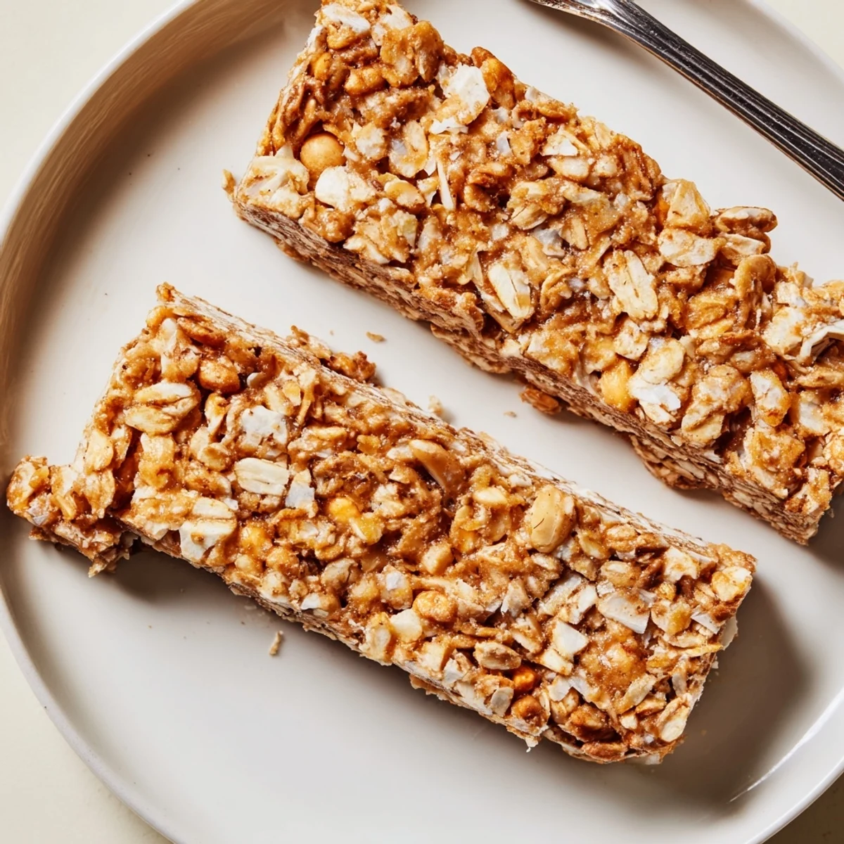 Golden no bake apple peanut butter granola bars cut into squares on a rustic cutting board