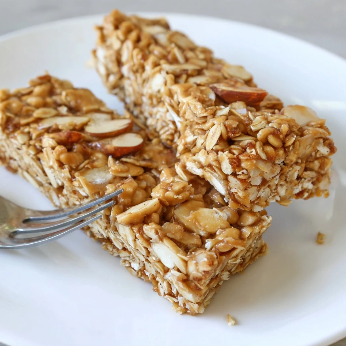 Chewy no bake apple peanut butter granola bars topped with visible oats and dried apple pieces