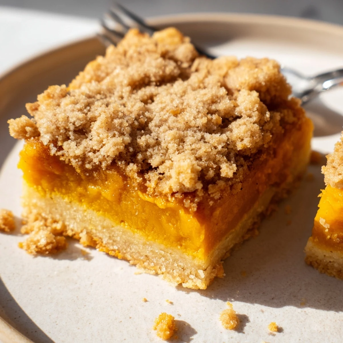 Golden brown sugar maple pumpkin butter bars with crumbly streusel on a rustic baking sheet