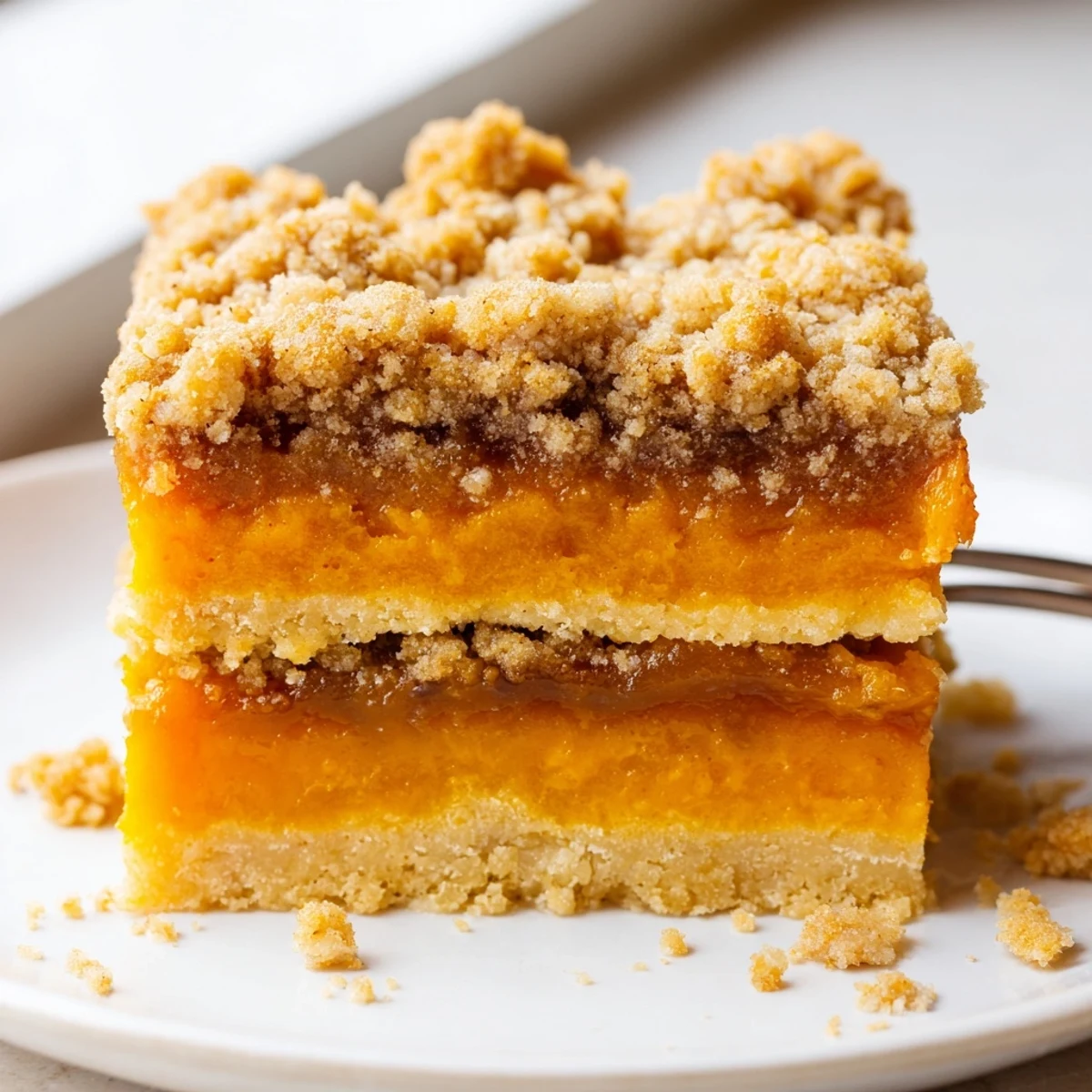 Creamy pumpkin maple filling peeks through a spiced streusel topping on these buttery bars