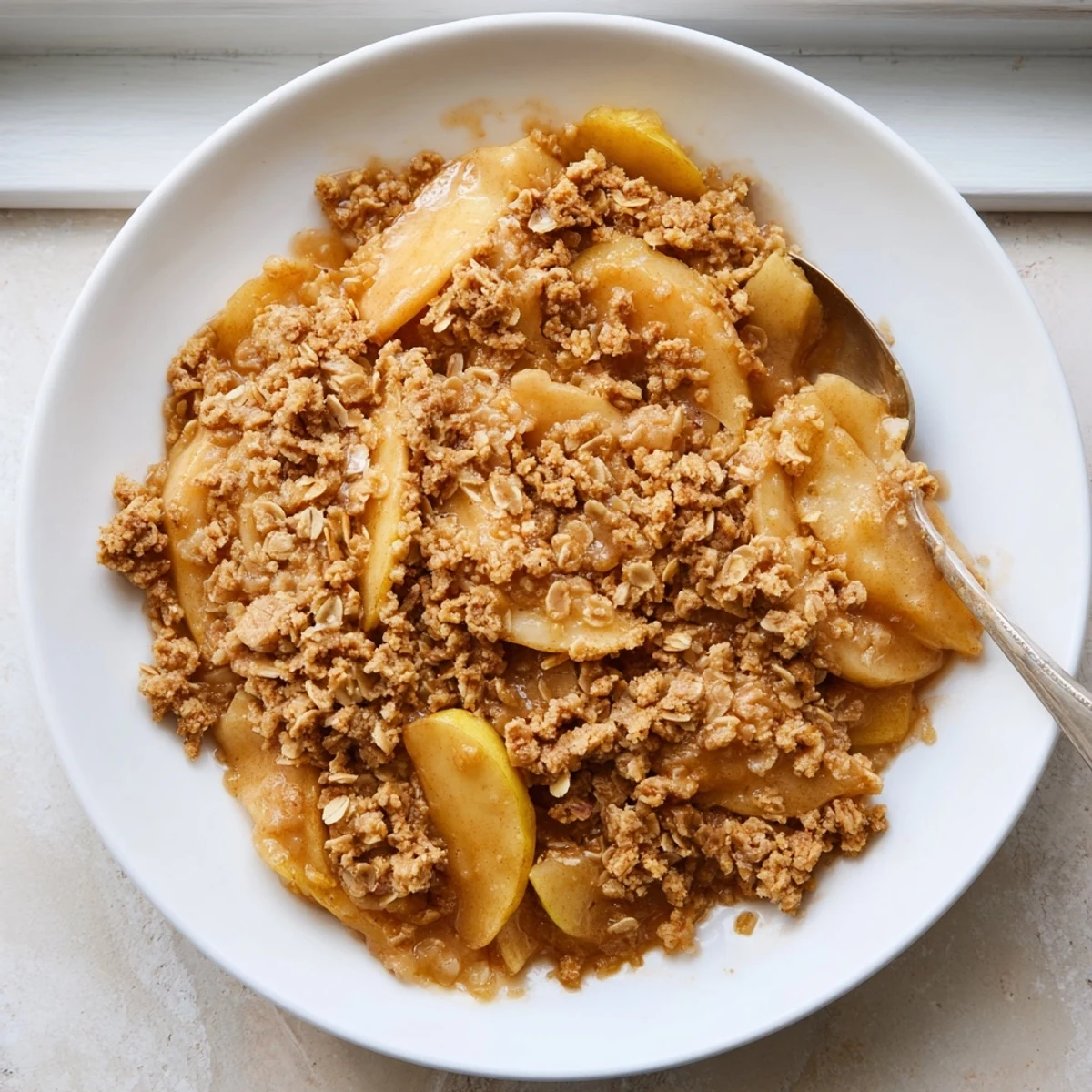 Golden Crockpot Apple Crisp bubbling with tender cinnamon apples under a buttery oat crust