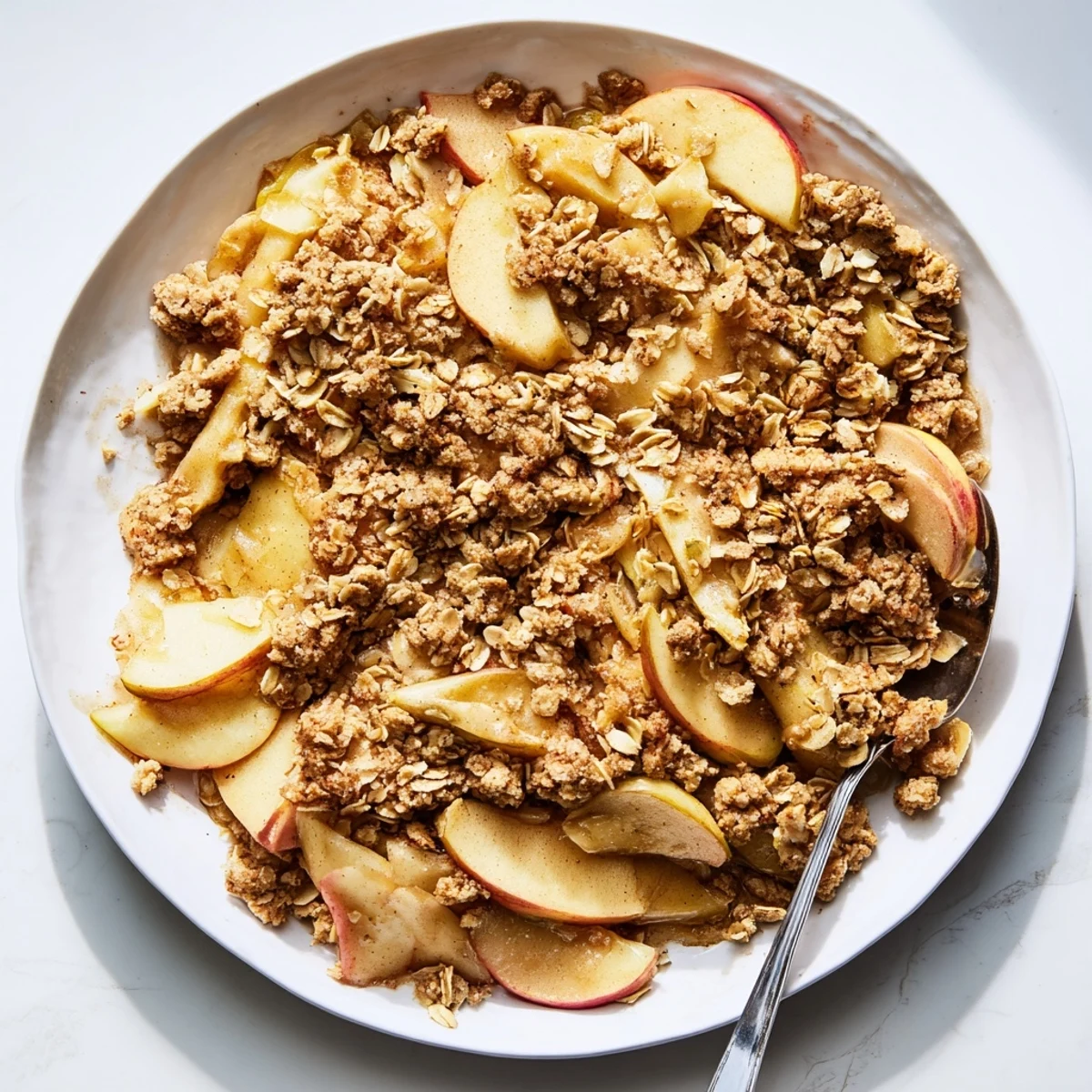 Slow-cooked Crockpot Apple Crisp with golden, crumbly topping over soft spiced apple slices