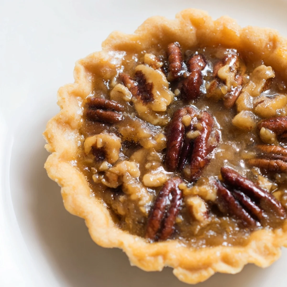 Golden mini pecan pies with gooey brown sugar filling in a flaky crust