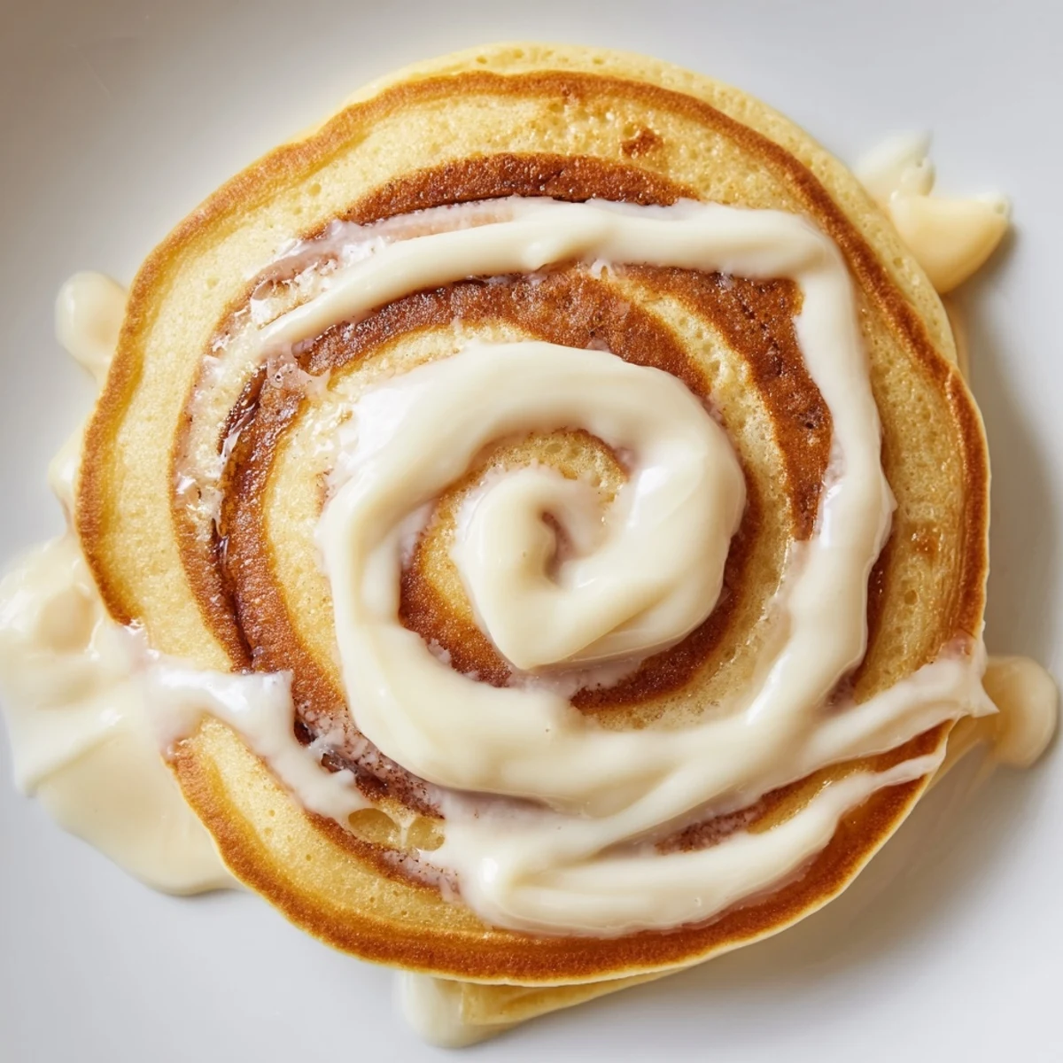 Golden cinnamon roll pancakes stacked high with cream cheese icing drizzle