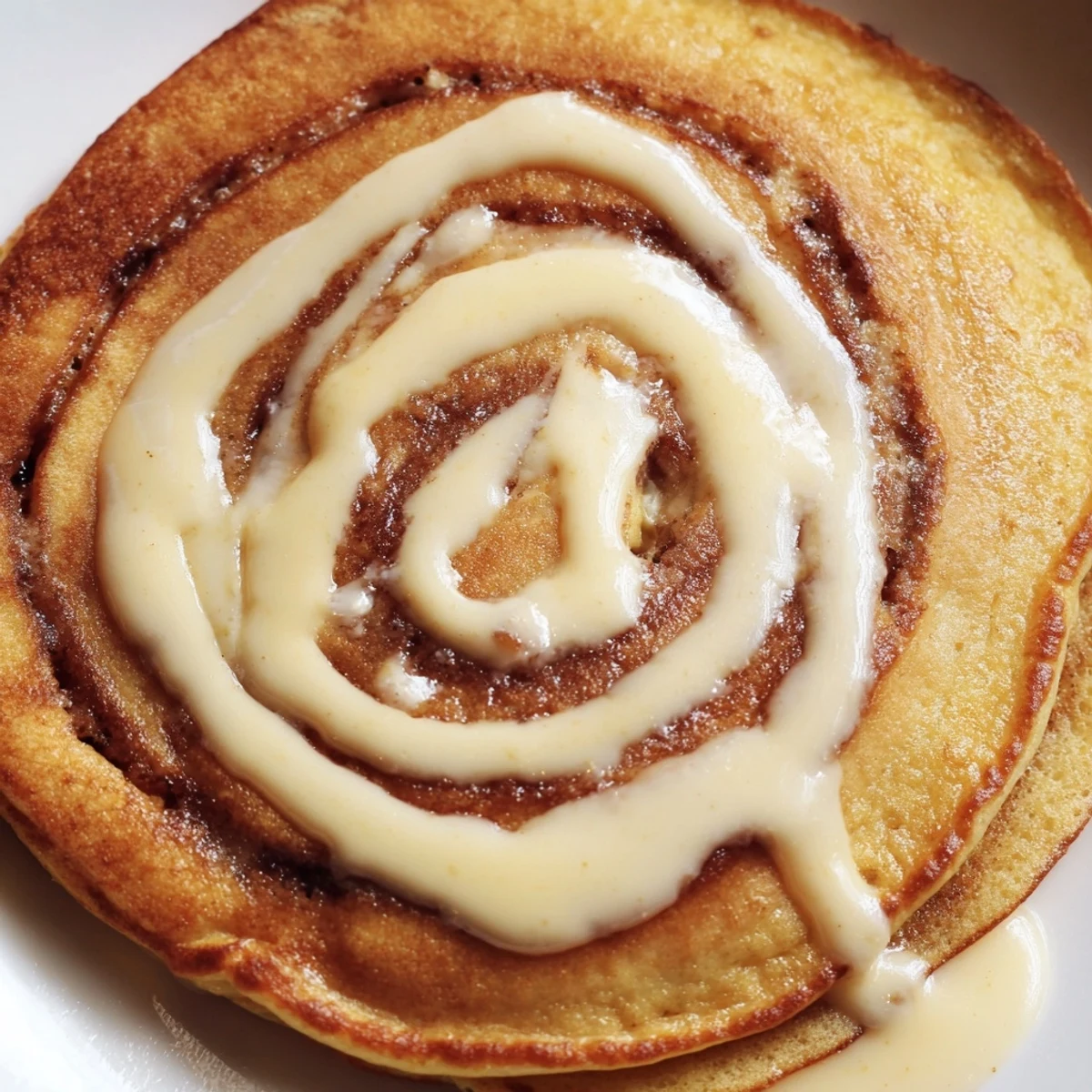 Warm cinnamon roll pancakes on a plate drizzled with sweet icing