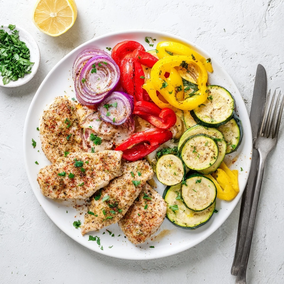Juicy chicken foil packets recipe with colorful roasted vegetables and fresh parsley