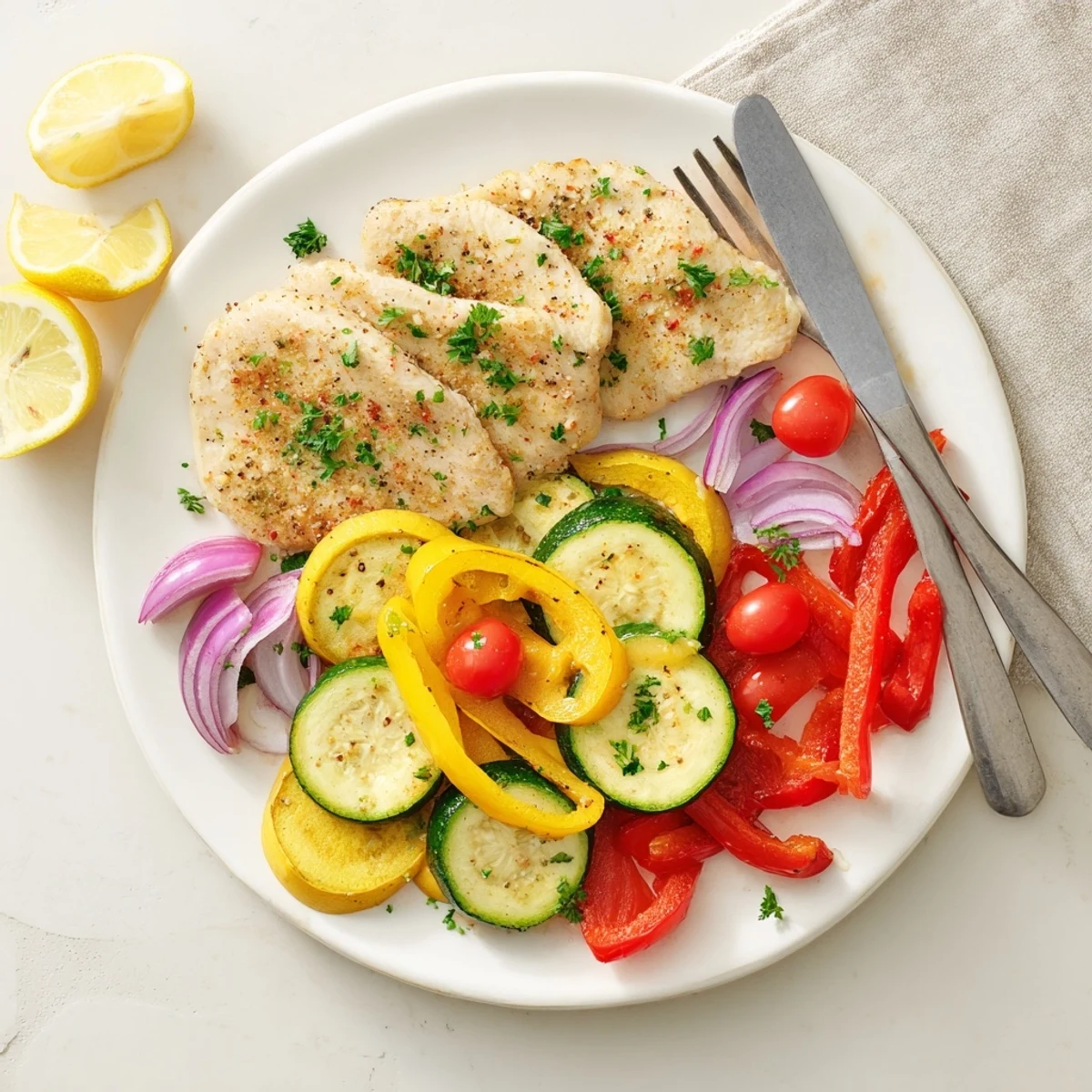 Golden chicken foil packets recipe served with lemon wedges on a plate
