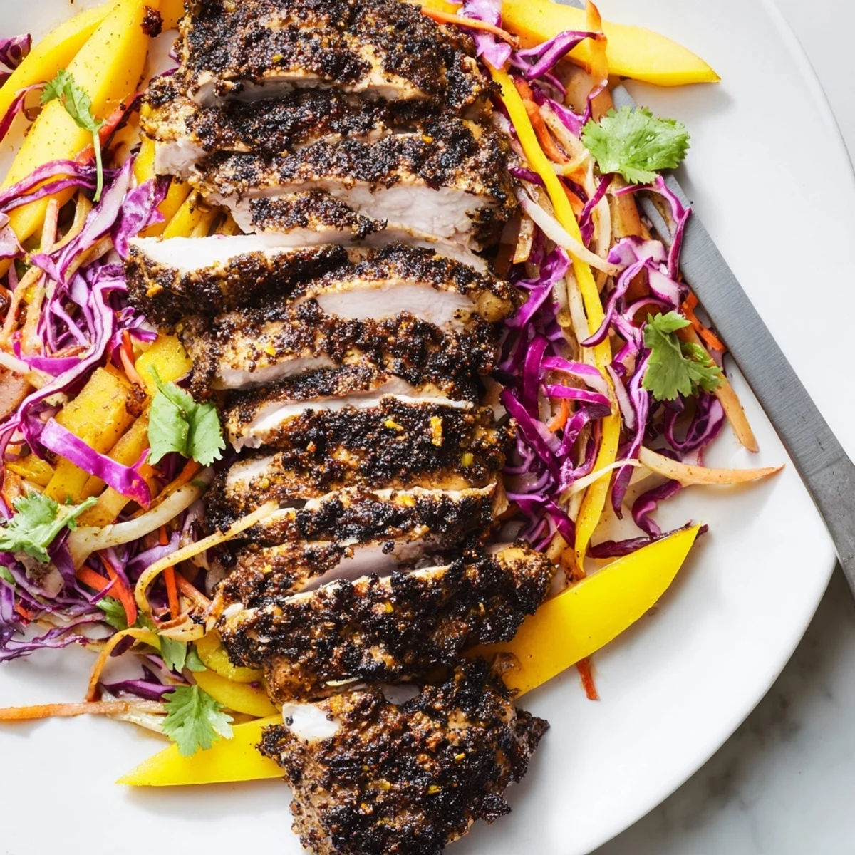 Charred spicy jerk chicken sliced over a bright crunchy mango slaw