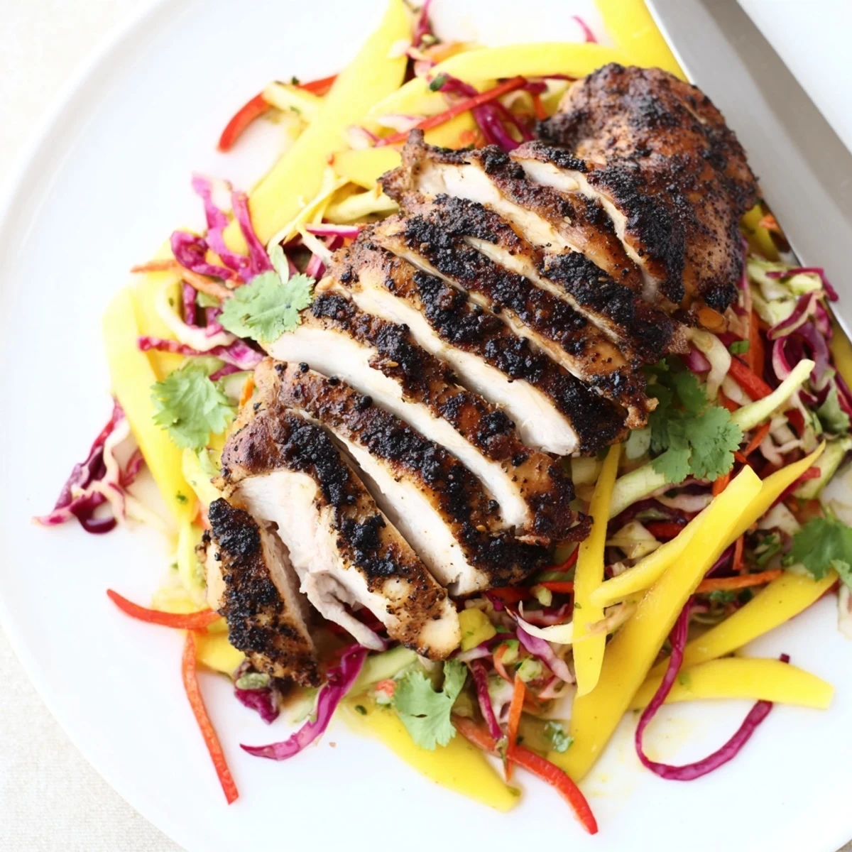 Spicy jerk chicken with golden grill marks beside sweet julienned mango slaw