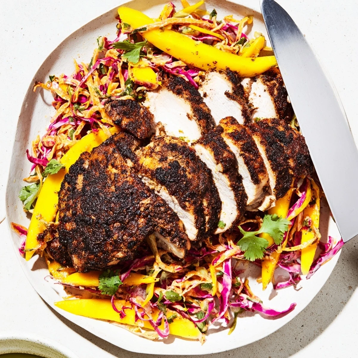 A platter of spicy jerk chicken resting on vibrant mango slaw
