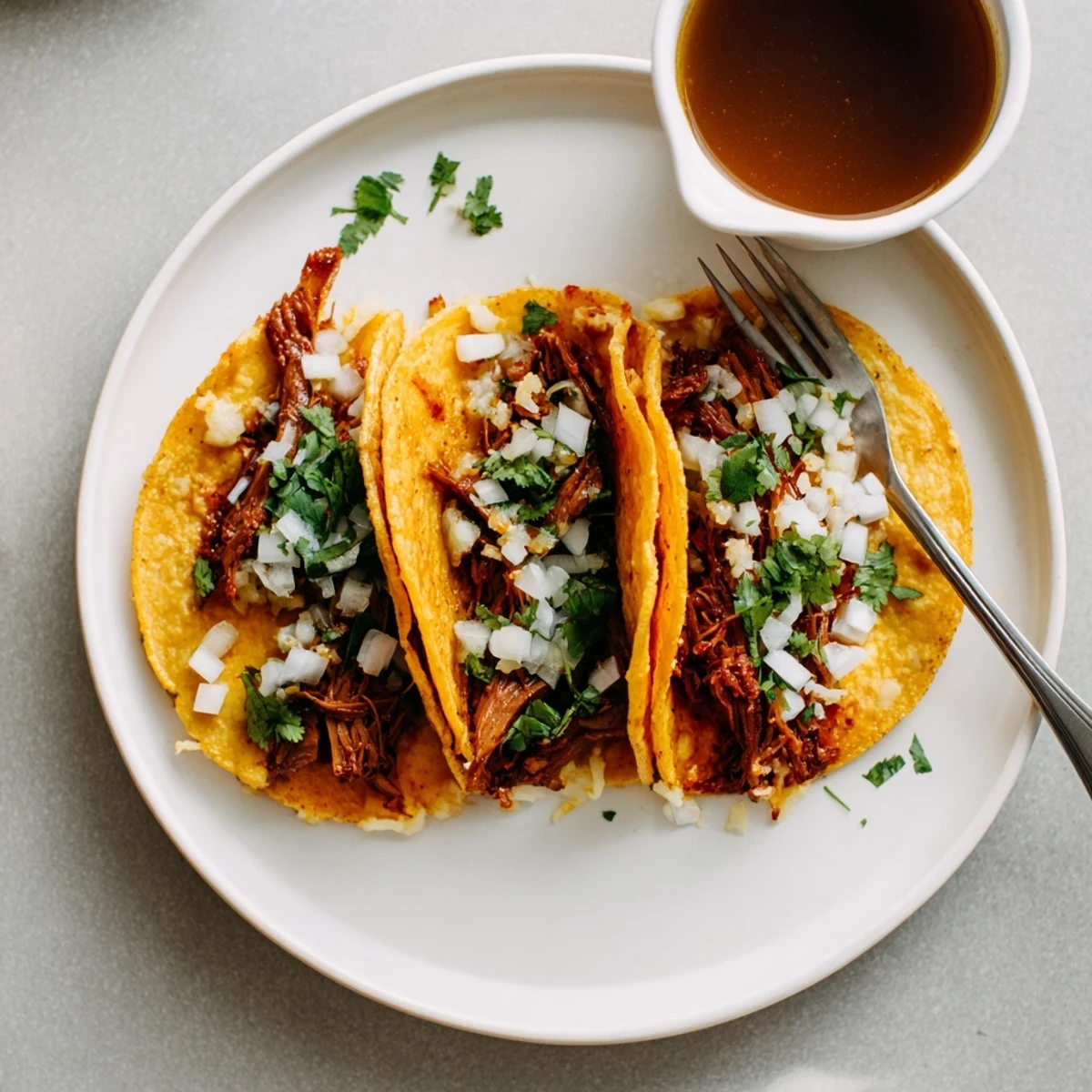 Crispy slow cooker birria tacos topped with onion, cilantro, and melted Oaxaca cheese