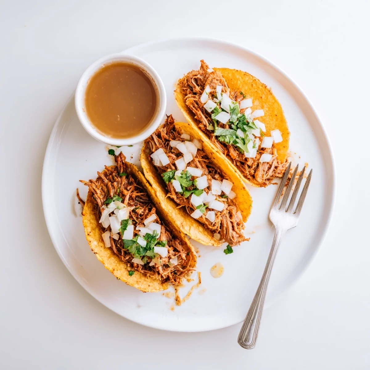 Shredded beef birria tacos in toasted corn tortillas served with fragrant spiced broth