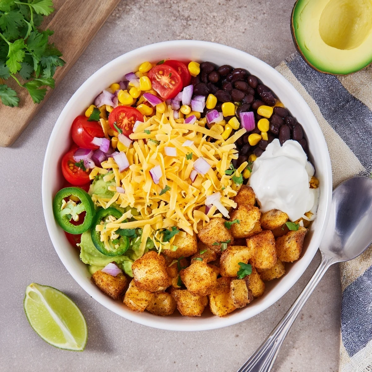 Crispy roasted potatoes topped with melted cheddar and fresh Tex-Mex toppings in loaded fiesta potato bowls