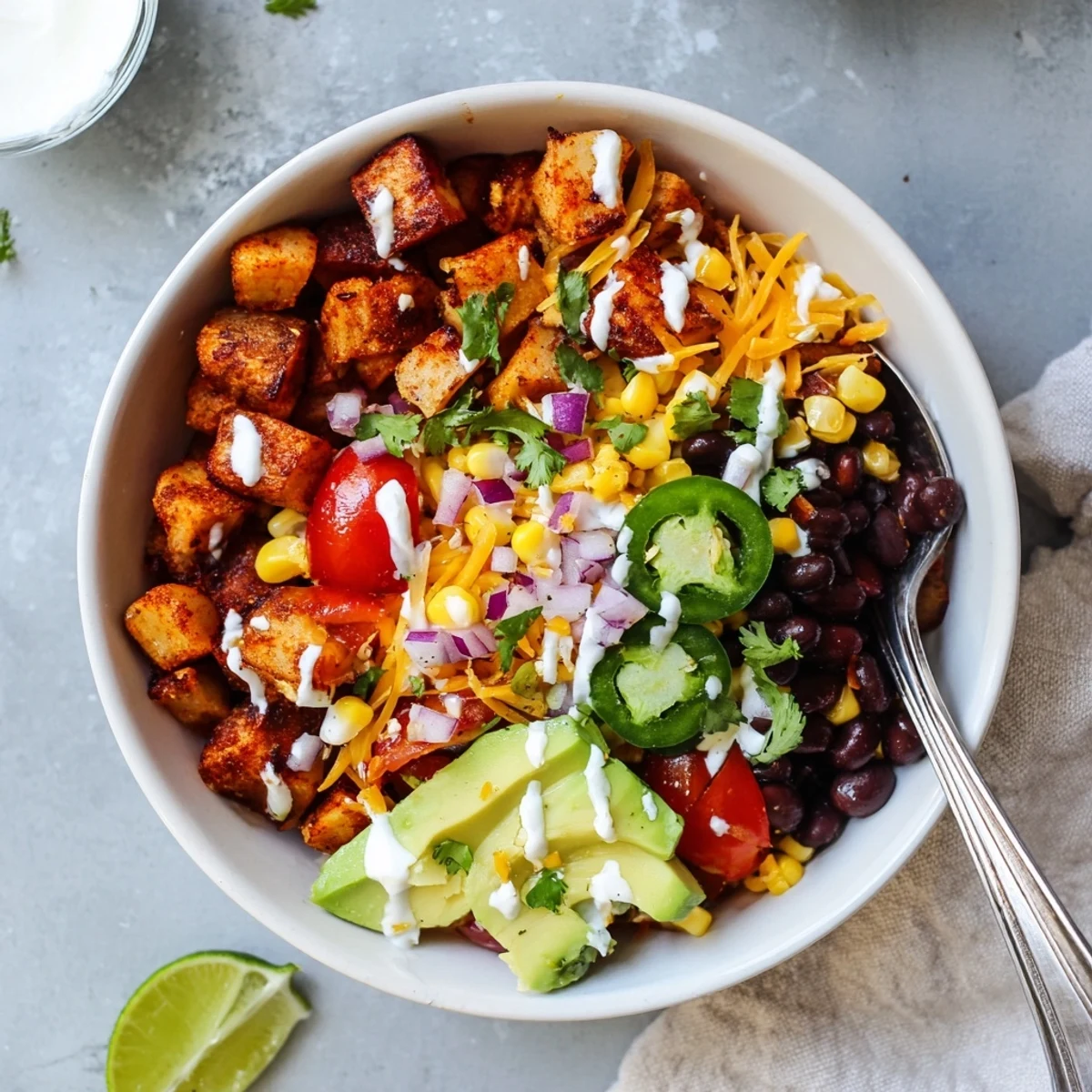 Golden spiced potatoes in a bowl with zesty black beans, avocado, and lime for loaded fiesta potato bowls