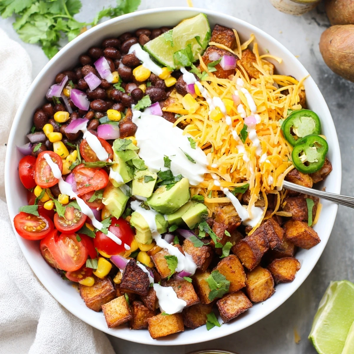 A colorful bowl of loaded fiesta potato bowls drizzled with sour cream and sprinkled with cilantro