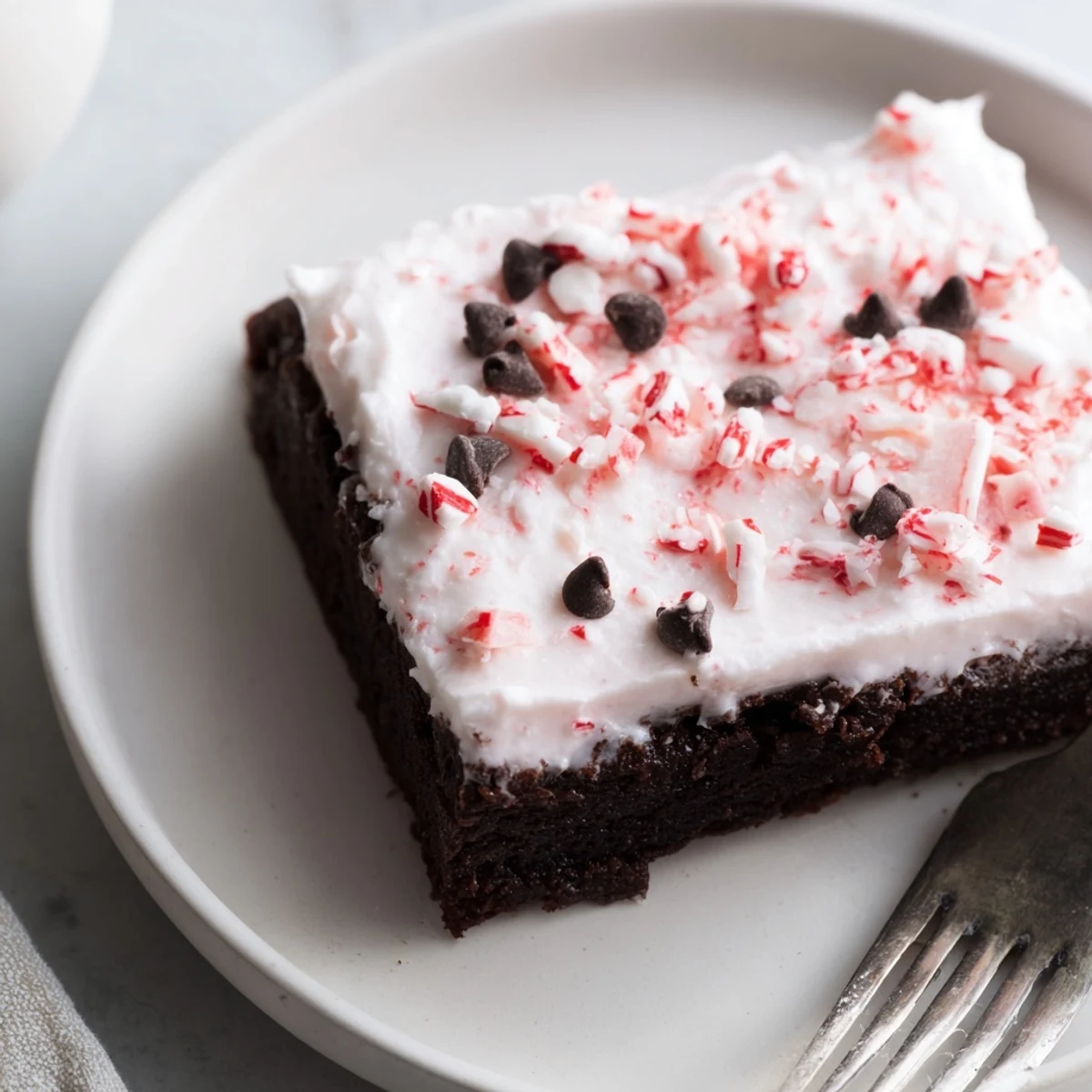 Peppermint Poke Cake with glossy whipped topping and crushed candy garnish