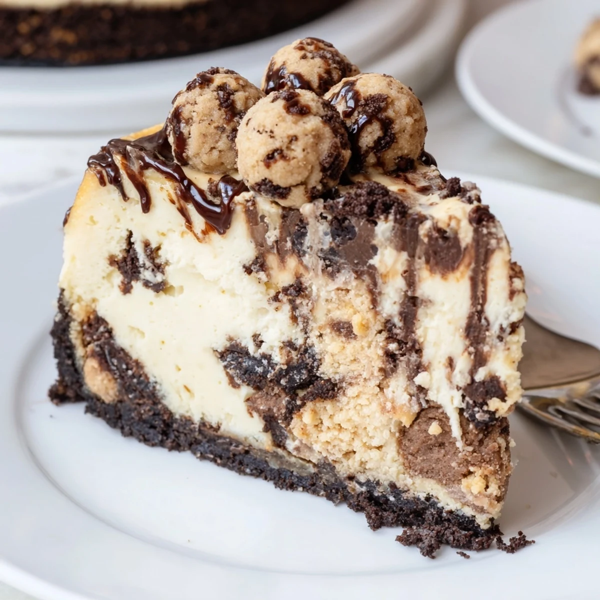 Creamy Chocolate Chip Cookie Dough Cheesecake slice revealing soft cookie dough pockets