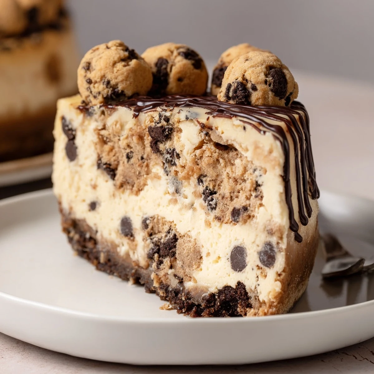 Whole Chocolate Chip Cookie Dough Cheesecake chilled on rack, sprinkled with mini chips